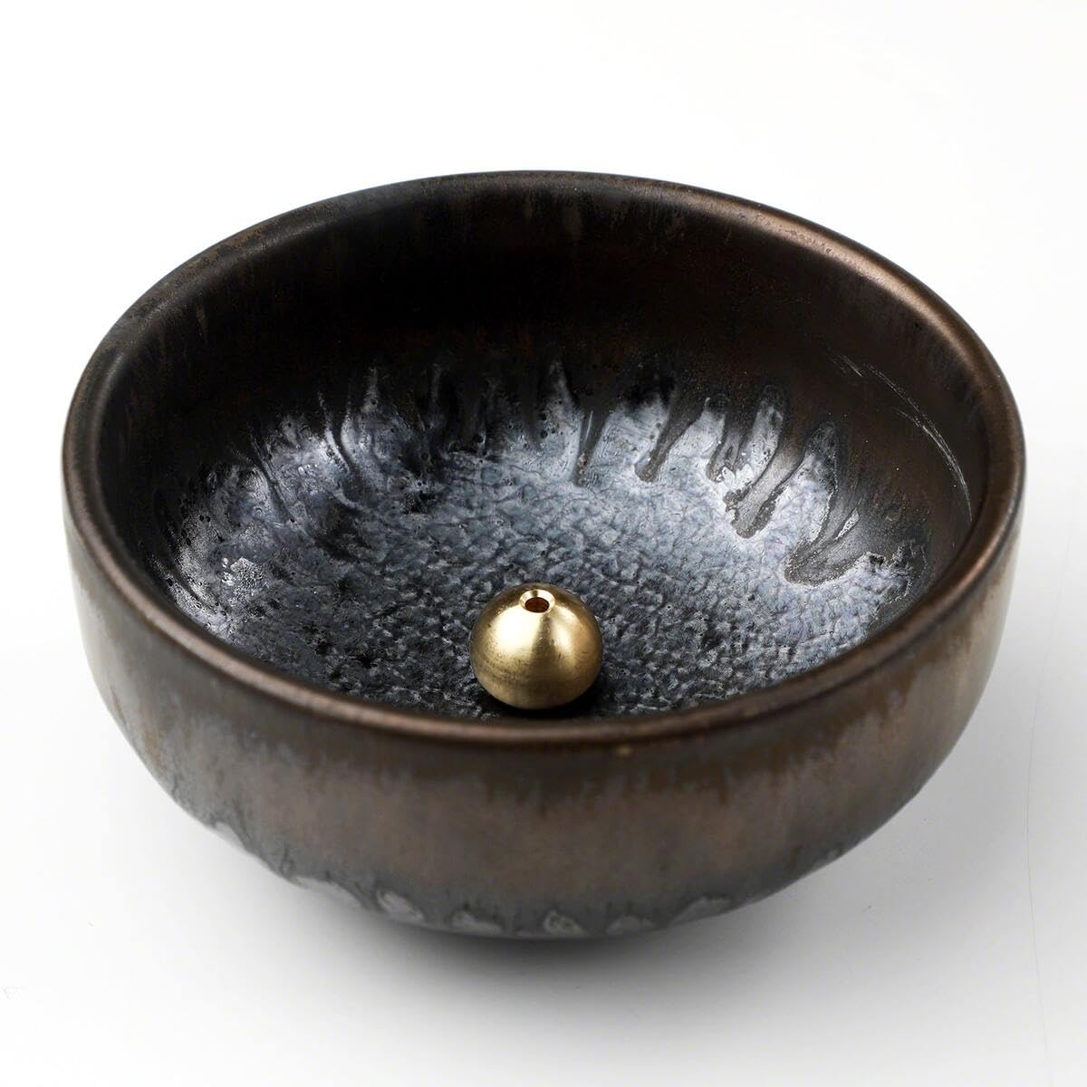 Asayu Japan Zen Incense Holder – 3.9" (100 mm) Ceramic Incense Bowl with Brass Burner, Made in Japan Mino Ware, Modern Wabi-Sabi Style in Metallic Black, Brown & Gold