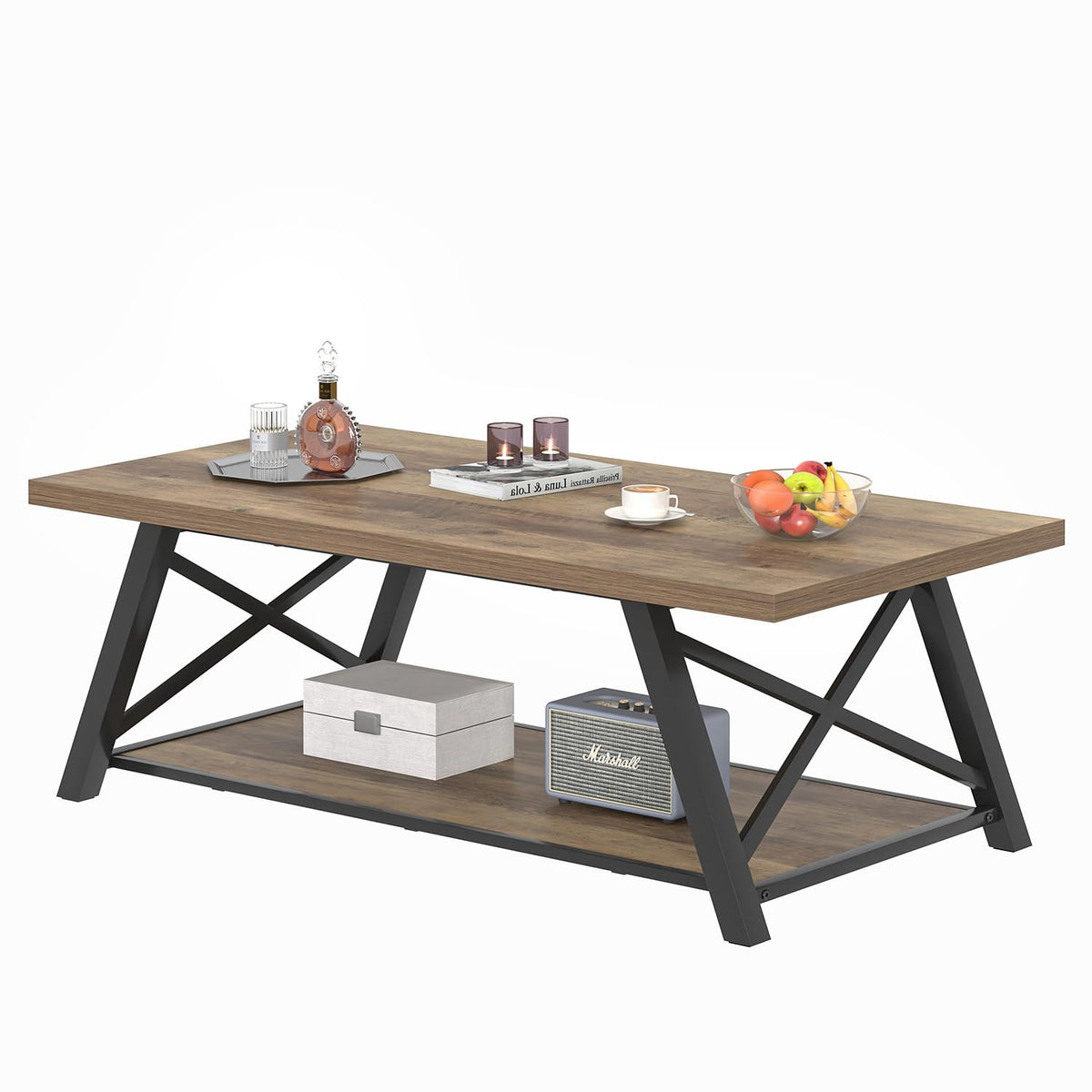 EXCEFUR Modern Coffee Table, Rectangle Center Table for Living Room with Storage Shelf, Industrial Wood and Metal Cocktail Tea Table, Rustic Oak, 47 Inch