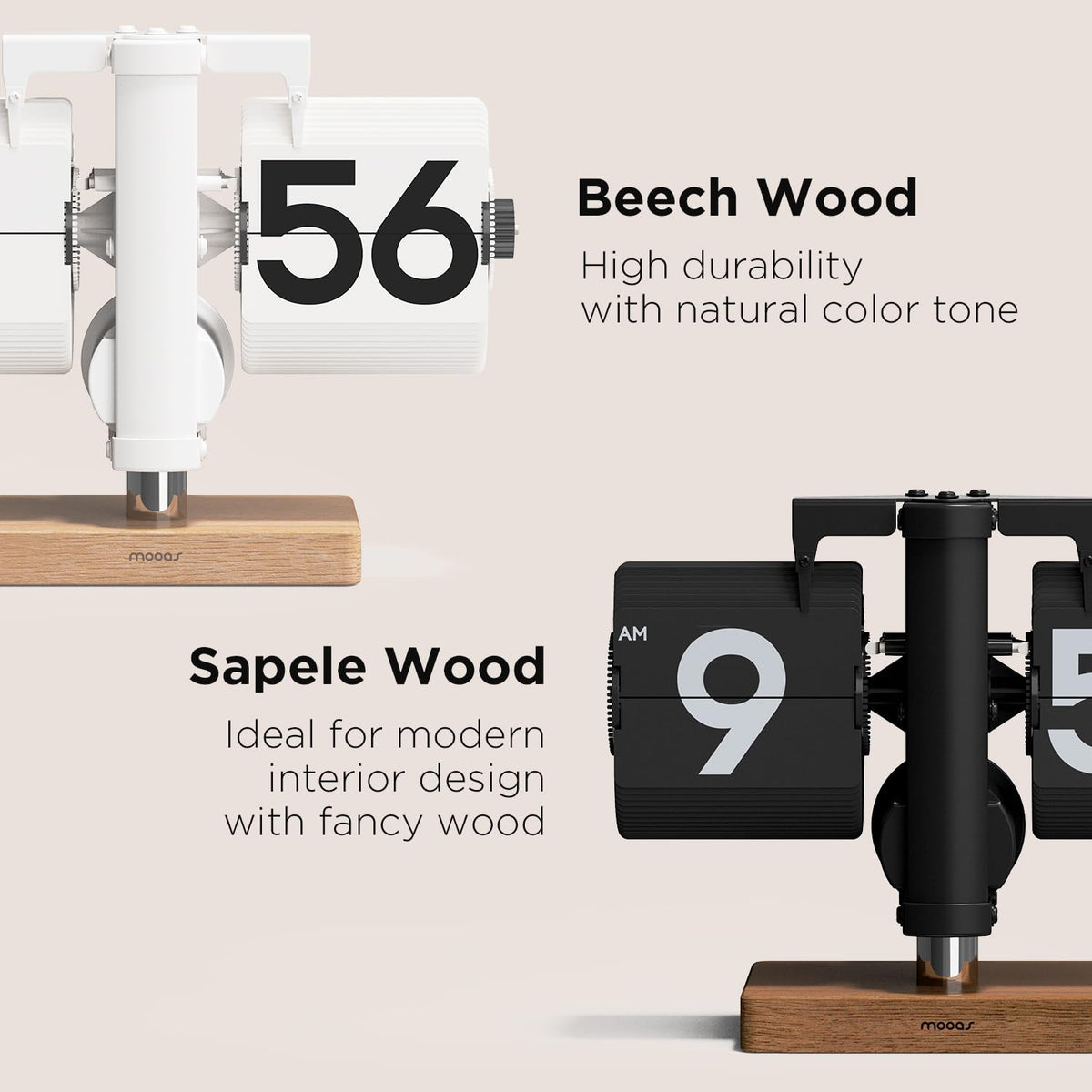 mooas Classic Modern Wood Mini Flip Desk Clock (White), Retro Vintage Analog Design Auto Flip Clock Table Clock Large Number Battery Powered, Ideal for Home Office School Hotel Café