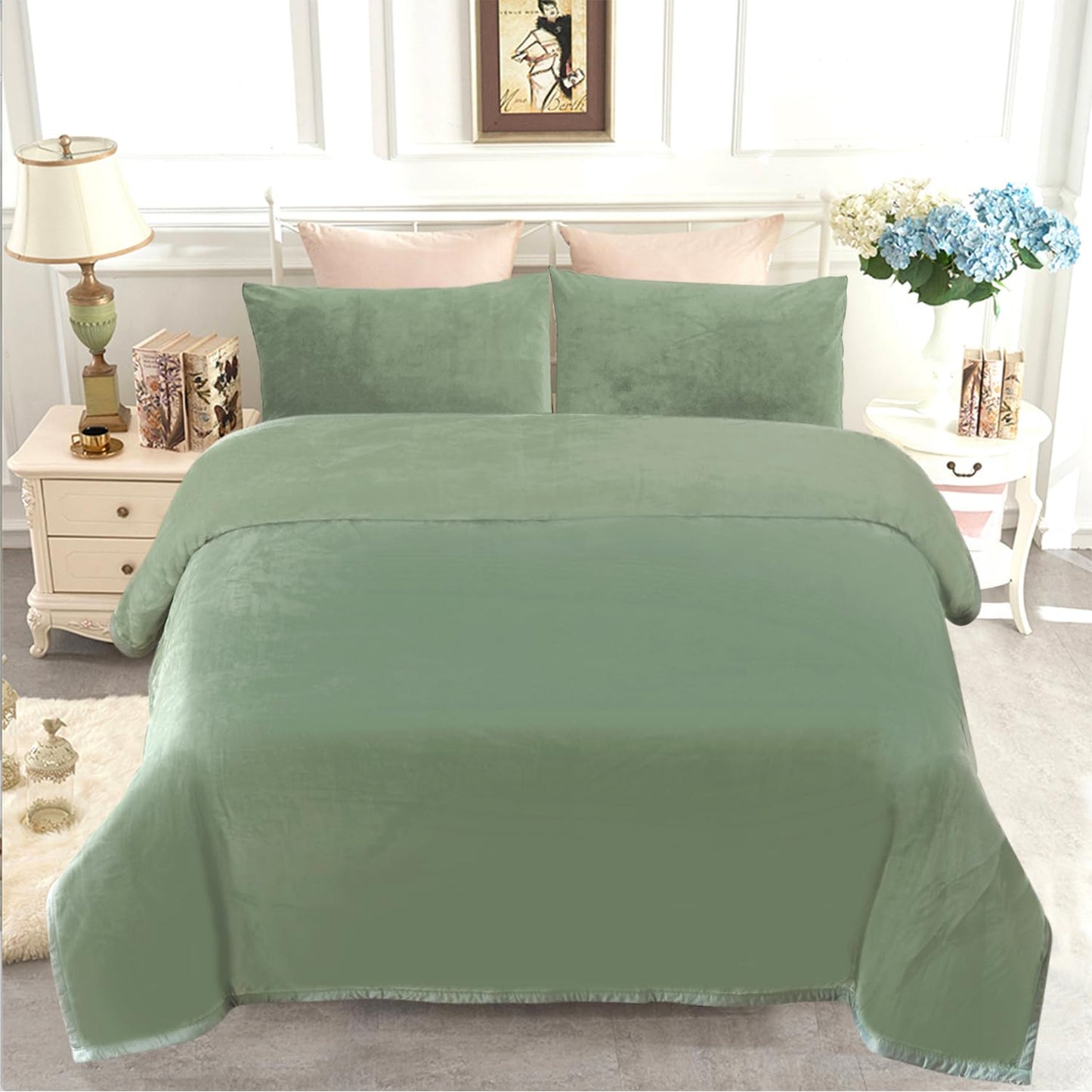 JYK Fleece Plush Blanket - 3.5 LB, 1 Ply, Korean Mink, Queen 79" x 91" - Super Soft and Warm, Lightweight, Cozy Fuzzy Solid Color Green
