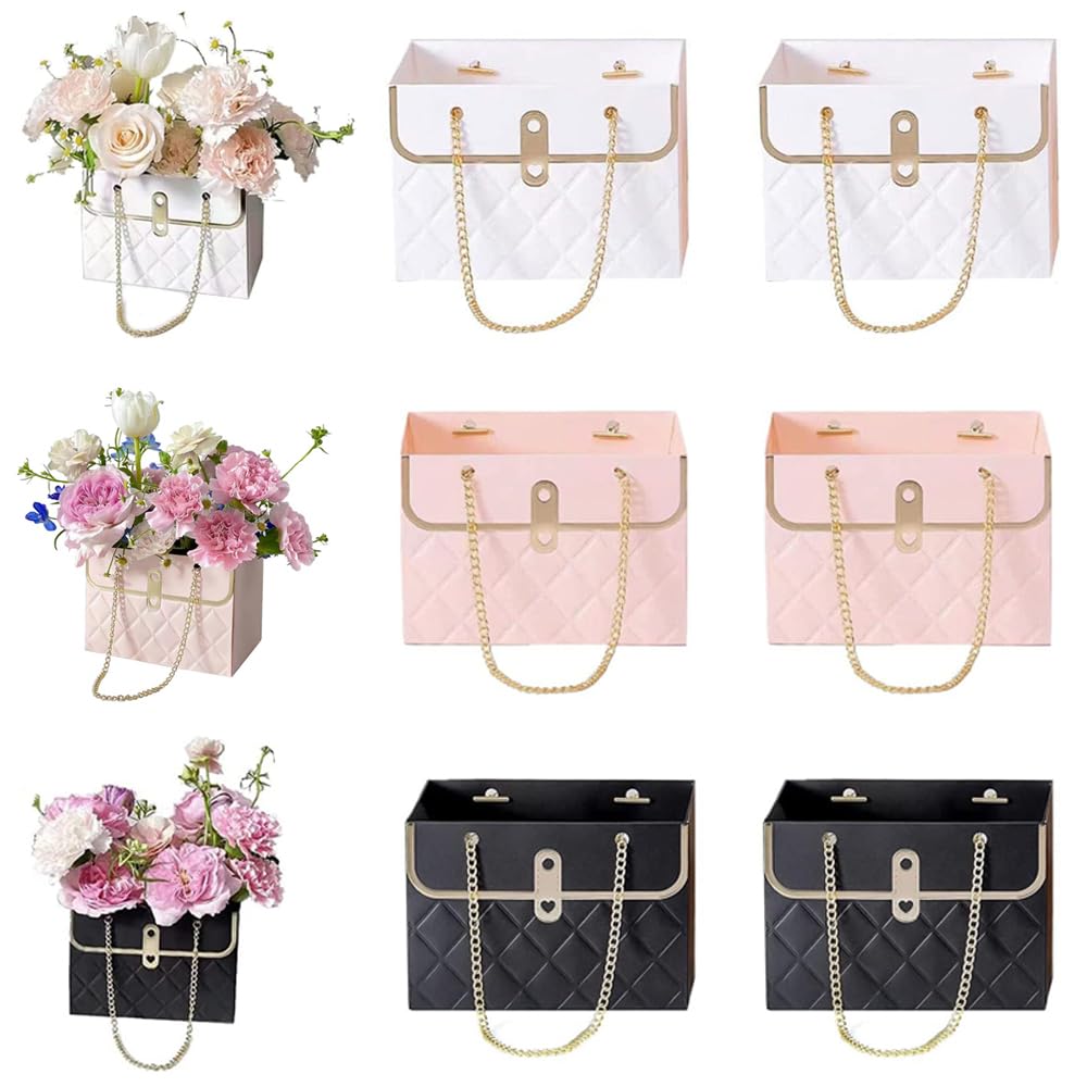 NADUSEP 6pcs Flower Paper Gift Box, Bouquet Storage Bucket Florist Handbag with Metal Chain Gift Case, Flower Boxes for Arrangements Wedding Valentine's Mother's Day Birthday Bridal Shower Graduation Anniversary Thanksgiving Christmas