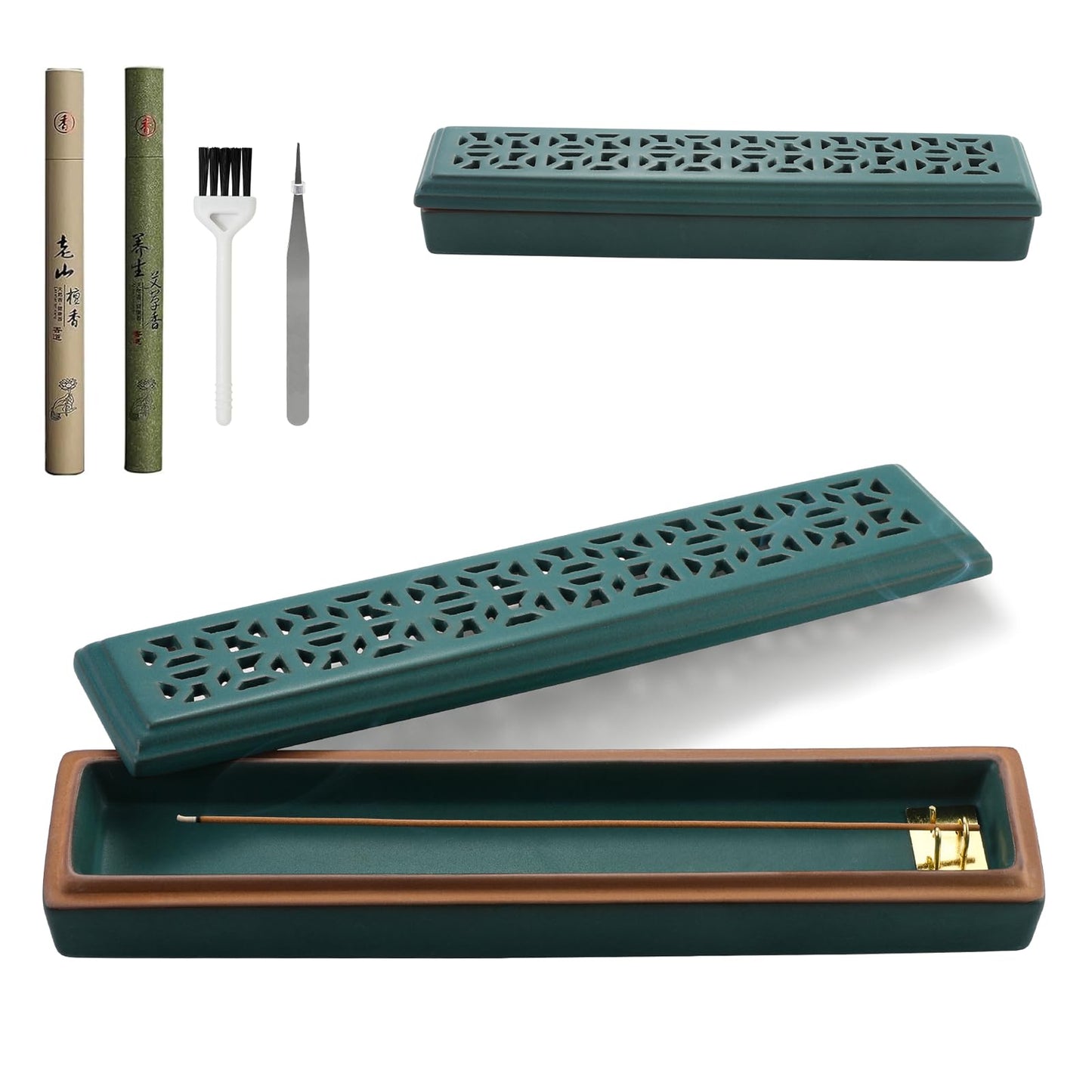 CEREMONY Incense Holder for Sticks, Ceramic Insence-Stick Holder Ash Catcher, Incense Holder Timkburner for Meditation Yoga Spa Room Incense Holder (Lever Green)
