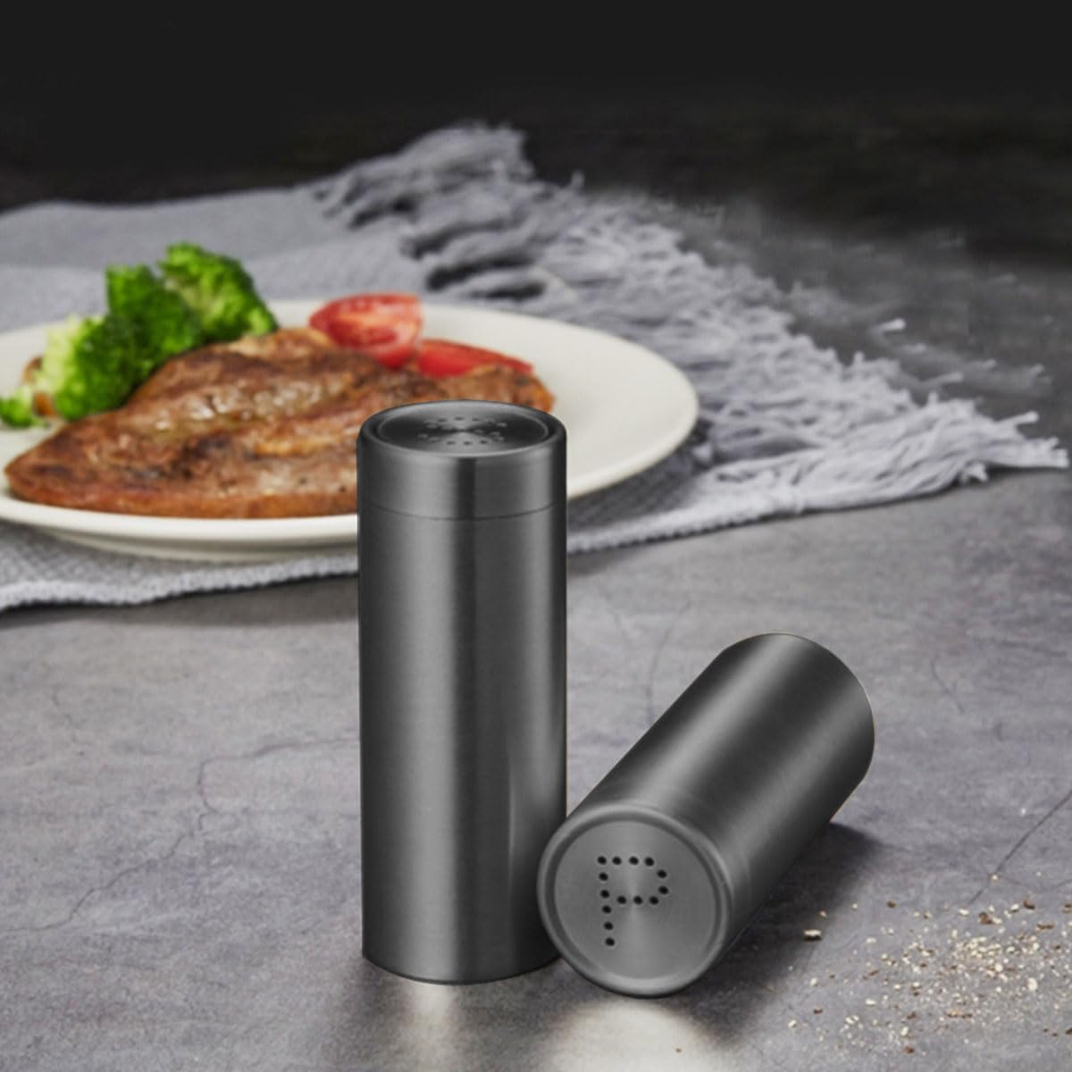 2-Pack Salt Pepper Shakers,3OZ "S" and "P" Shakers, 304 Stainless Steel Spice Jars Seasoning Dispenser for Salt Sugar Spice Pepper (Light Black, Large)