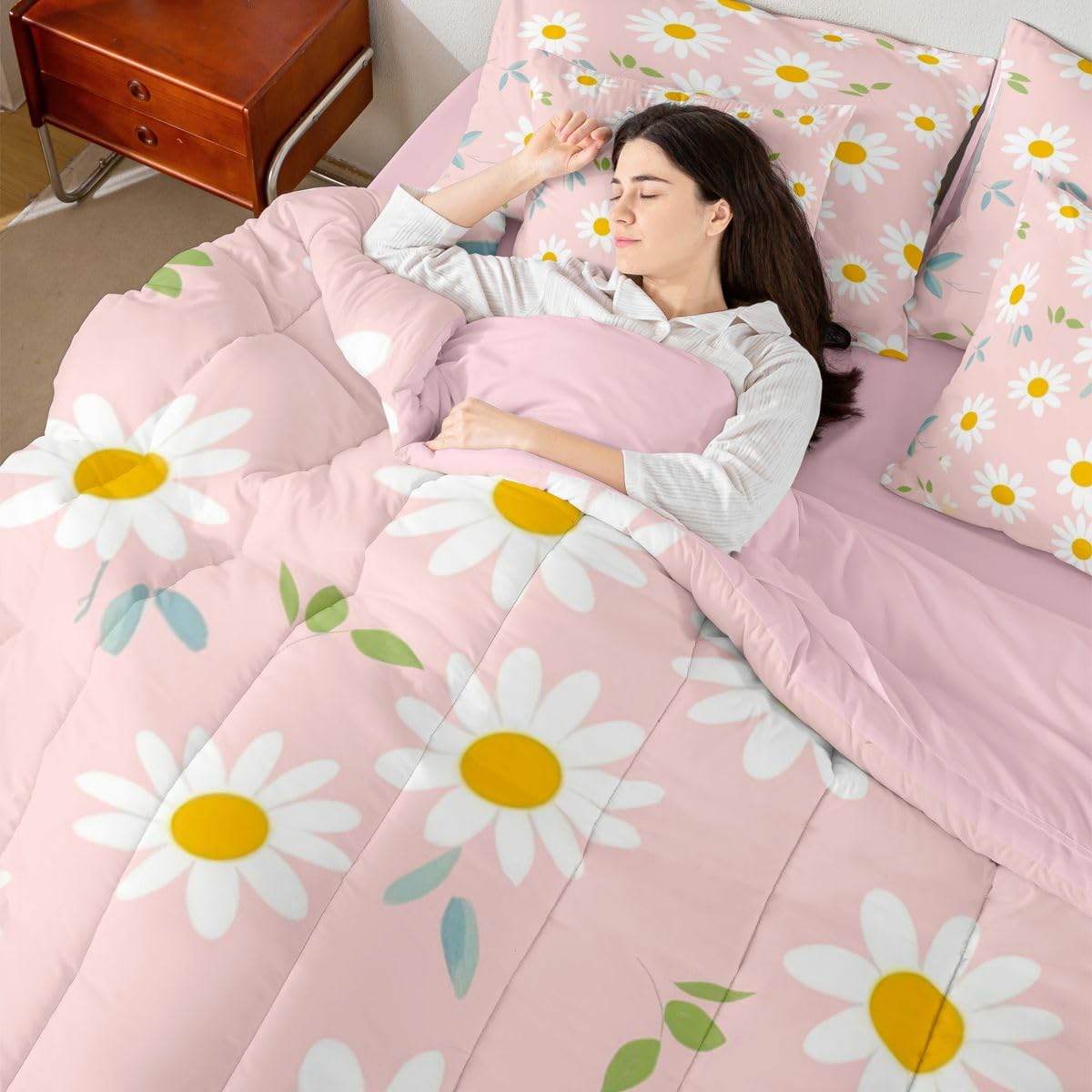 Erosebridal Cute Daisy 7-Piece Bedding Set Twin Size for Teen Girls White and Pink Comforter Set with Sheets for Kids Women Groovy Floral Bed in A Bag Trendy Coquette Flower Bed Sets All Season