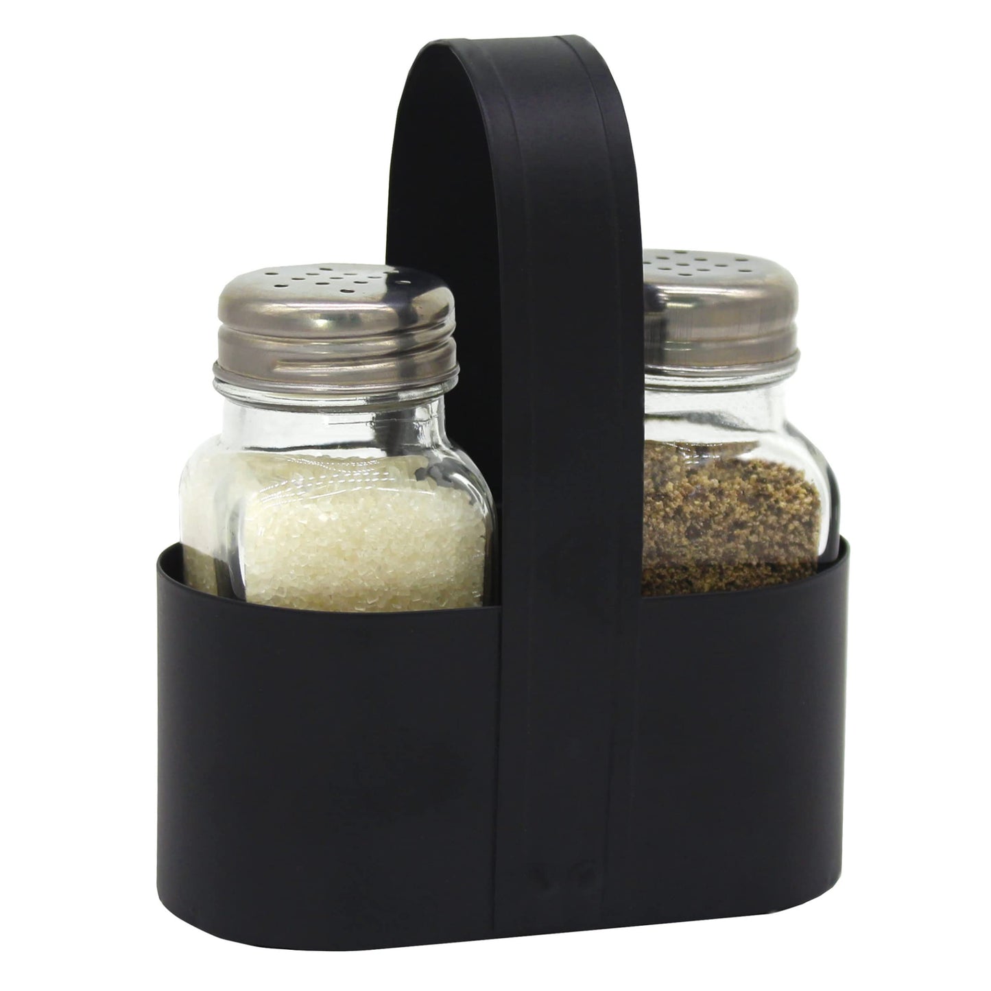 CVHOMEDECO. Salt and Pepper Shakers Set with Black Galvanized Caddy, Rustic Farmhouse Glass Salt and Pepper Shaker Dispensers, Black Metal Holder with Padded Feet, for Home Kitchen Table Decor. Oval