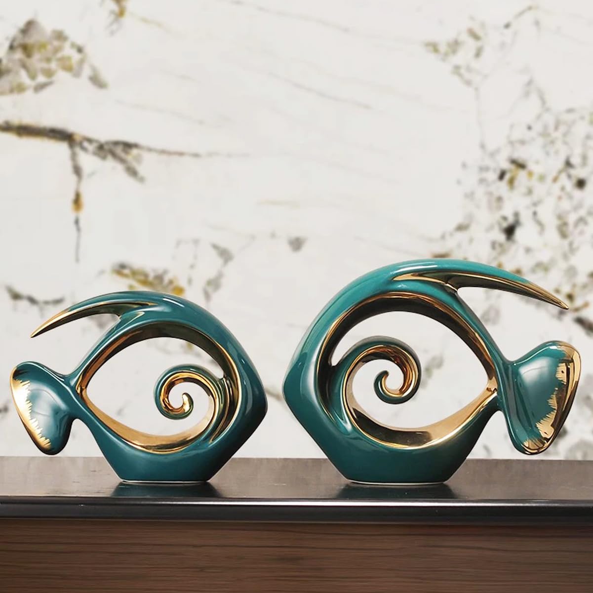 Tuioyoc Ceramic Statues Angelfish Home Decor Modern Style Figurine Green and Gold Decorative Ornaments for Living Room, Table Centerpiece, Kitchen, Office Desktop, Shelf, Entryway Decoration