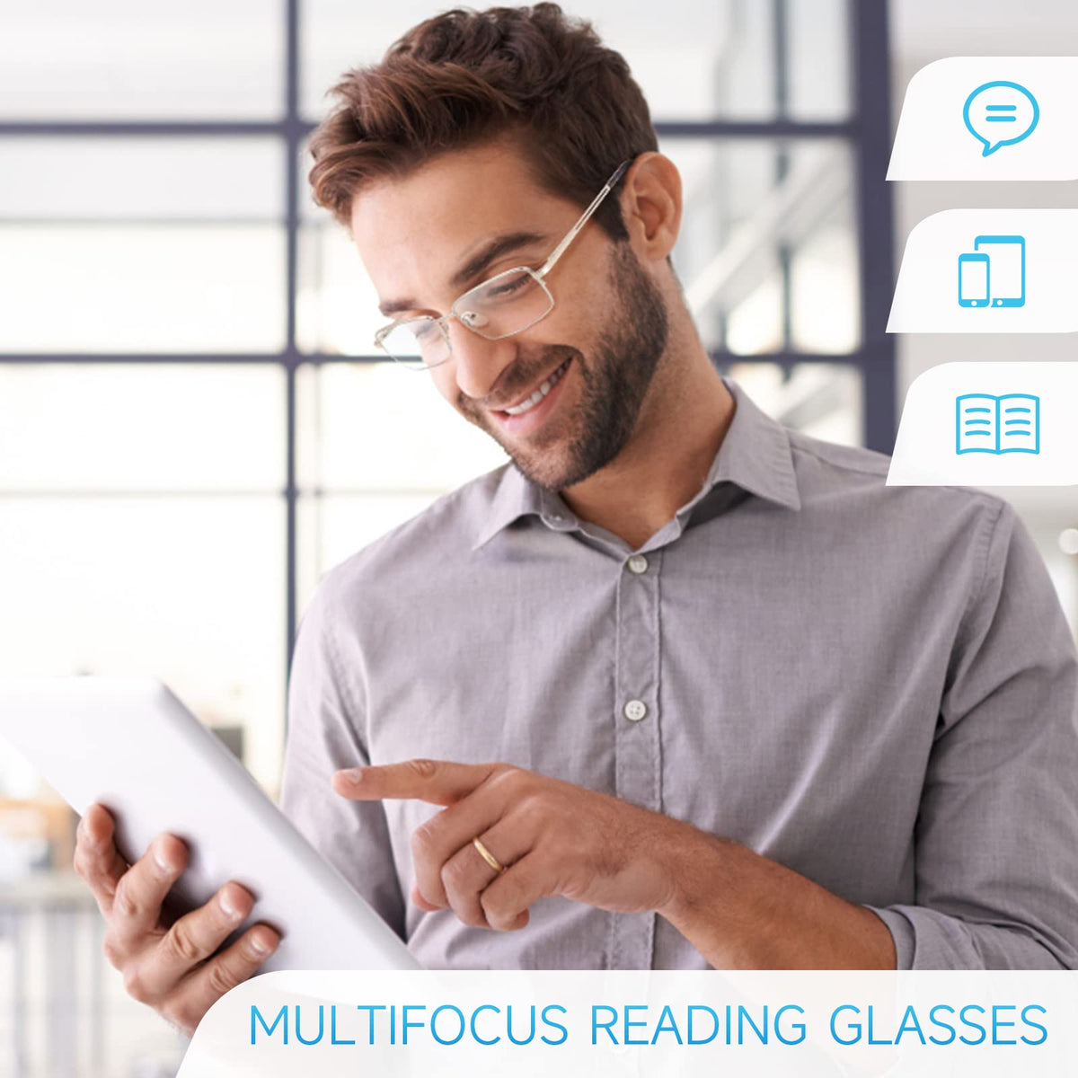 Premium 2 PACK Durable Progressive Multifocus Reading Glasses for Men Blue Light Blocking Computer Reader Anti Eyestrain Metal Frame Spring Hinges (for Mid-Near Range approx 3ft) 1.5 Gunmetal