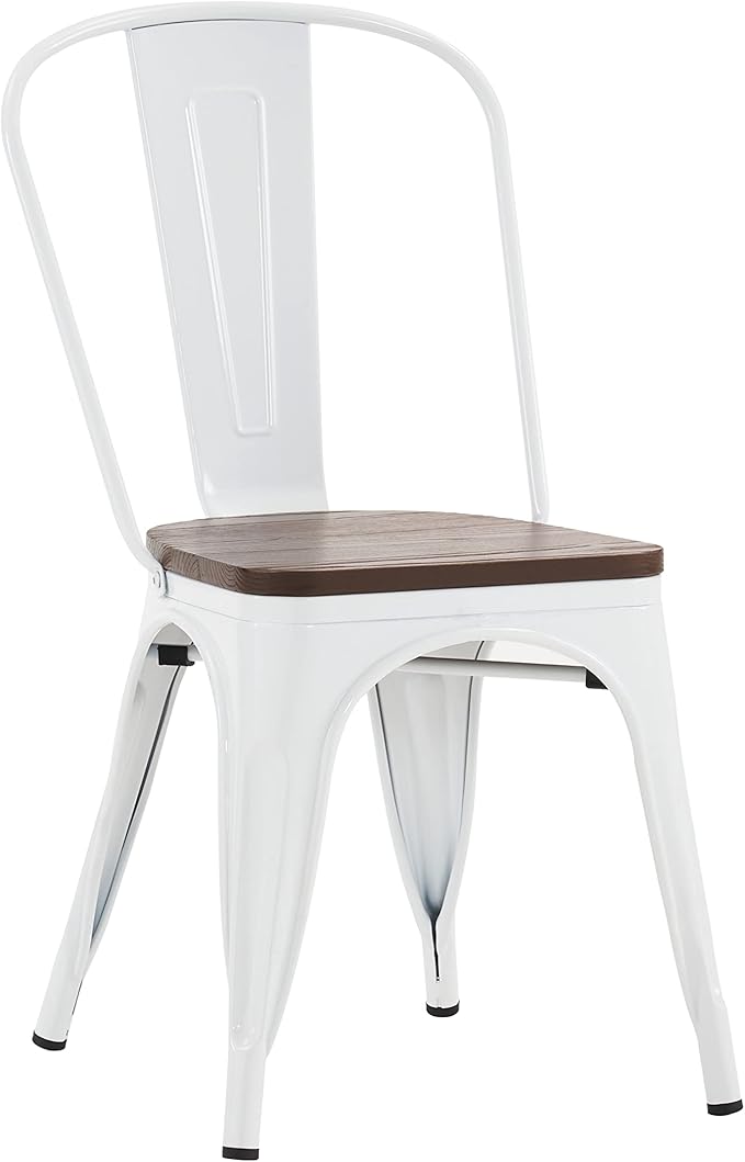 Nazhura Metal Dining Chair Farmhouse Tolix Style for Kitchen Dining Room Café Restaurant Bistro Patio, 18 Inch, Stackable, Waterproof Indoor/Outdoor (Sets of 4) (White with Wood Padding)