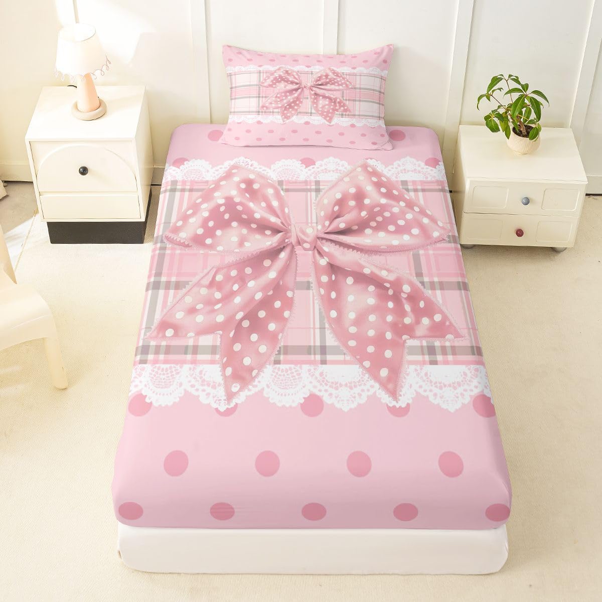jejeloiu Pink White Bowkont Fitted Sheet Twin Size for Kids Boys Girls Plaid Bow Bed Sheets Set 16" Deep Pocket Soft Breathable Microfiber Polka Dots Bedding with 1 Pillowcase Room Decor