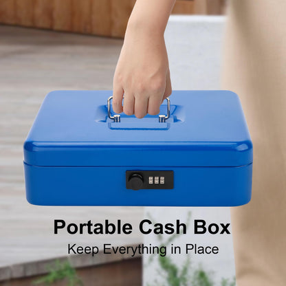 Jssmst Locking Metal Cash Box with Coin Lid, 11.8L x 9.5W x 3.5H Inches, Safe Money Box with Combination Lock, Blue, SM-CB0514BL