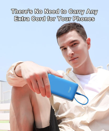 TG90° Portable Charger 10000mah Cell Phone Battery Backup, Ultra Slim Power Bank with Built in Lightning and USB-C Cable, Portable Phone Charger Battery Packs Compatible with iPhone Android Phones