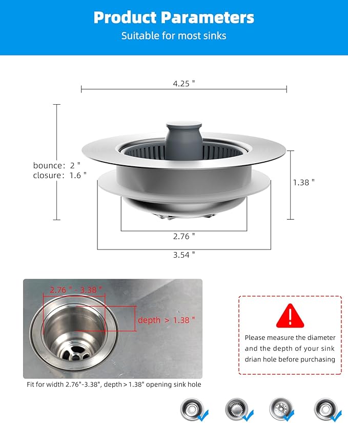 Hibbent 2 Pack Upgraded 3 in 1 Kitchen Sink Drain Strainer and Stopper Combo