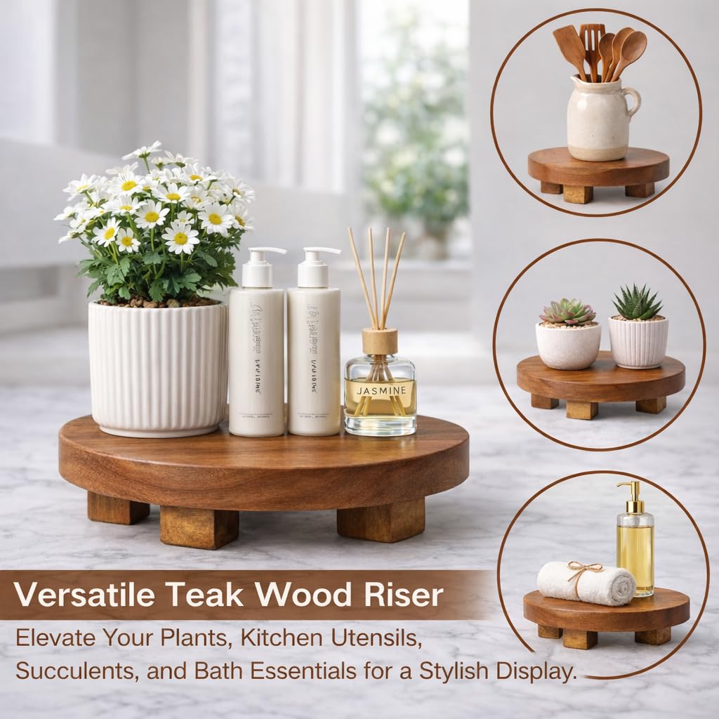 JOLLYMER Teak Handmade Display Riser for Bathroom Counter Decor, Round Pedestal Stand for Shelf, Home Centerpiece Decor