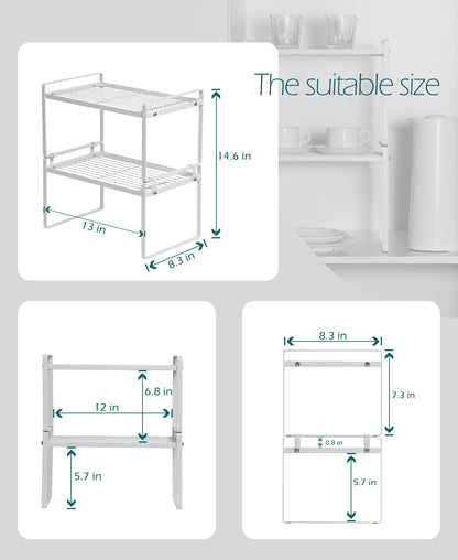 Shantton 2 Pack Kitchen Cabinet Shelf Counter Organizer Rack Pantry Storage Bathroom Bedroom Office Table Desk Space Saving Steel Frame Stackable Rust Resistant Non Slip White