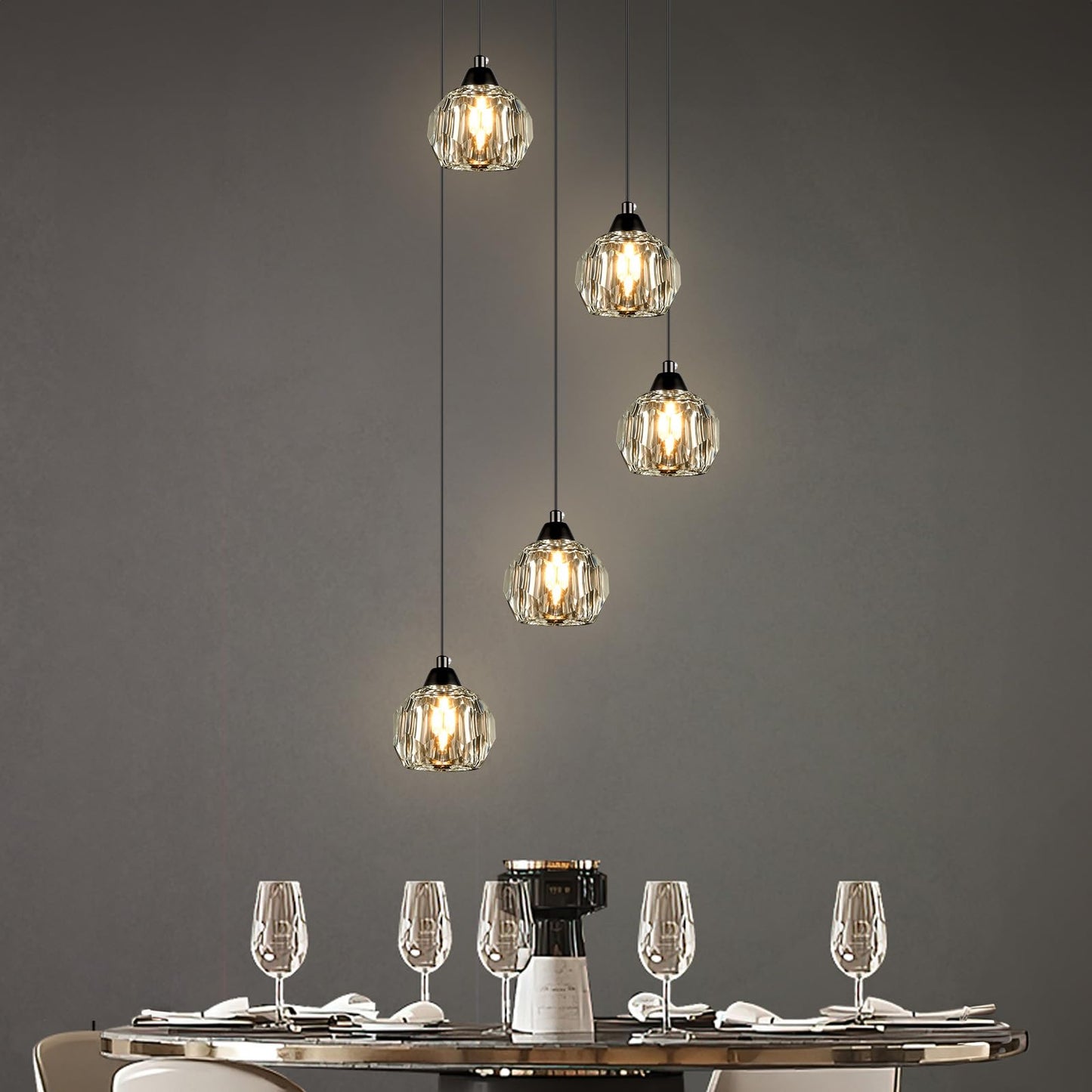 Weesalife Crystal Chandeliers for Dining Room Lights Fixture Over Table, 5-Light Black Modern Pendant Light Fixture，Crystal Chandeliers for Living Room Kitchen Island Staircases Foyer Hallway Bar