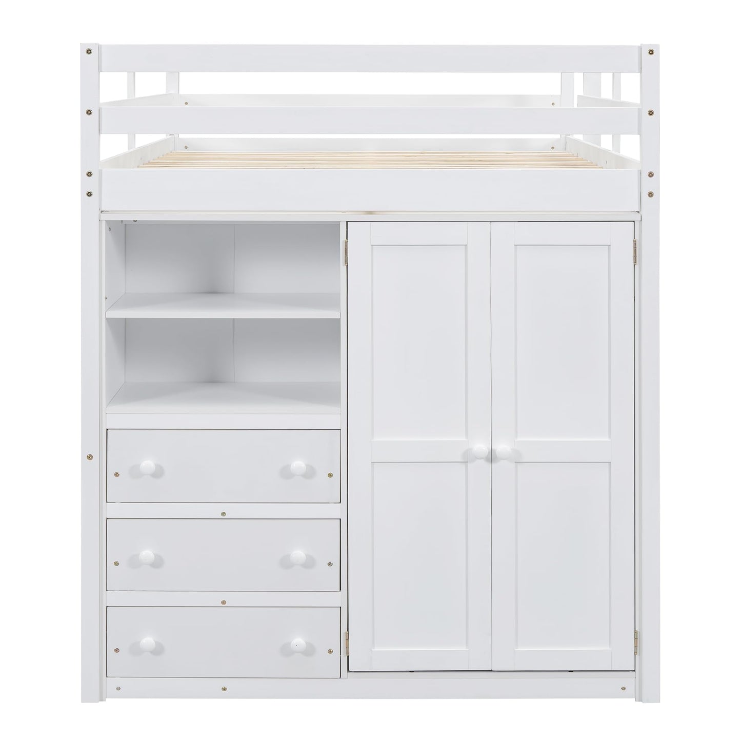 Merax Full Size Wood Loft Bed with Built-in Wardrobe, Large Desk, 2-Tier Storage Shelves & 3 Drawers, Solid Pine Wood Frame, 350 lbs Capacity, No Box Spring Needed for Bedroom, White
