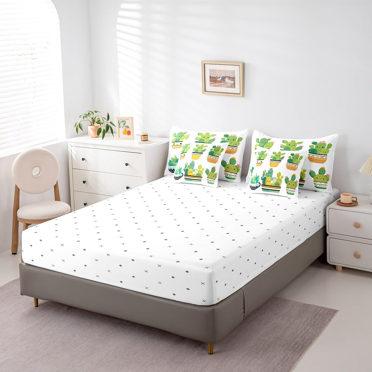 Erosebridal Tropical 7 Piece Comforter Set Full Bed in a Bag,Bulbous Cactus Bedding Sets Cute Desert Plants Botanical Comforter and Sheet Set,Floral Jungle Kawaii Room Decor