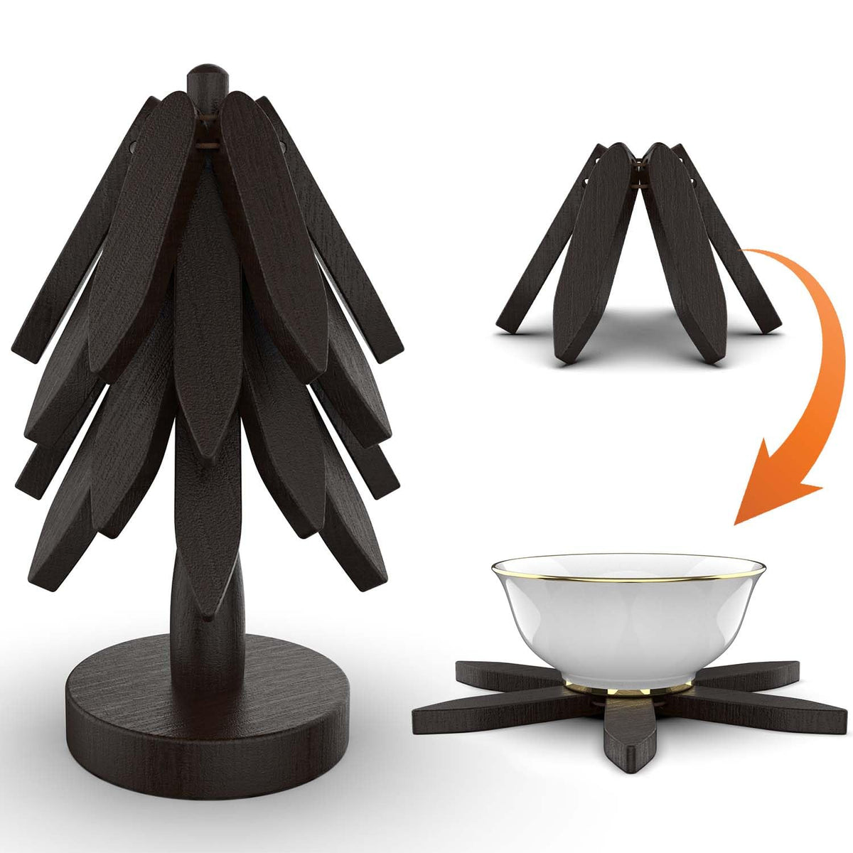 Wooden Trivets for Hot Dishes,Tree Shape Trivet Set, 4 Wooden Trivets+1 Stand, Natural FoldableKitchen Wooden Trivet for Hot Dishes、Pot、Bowl、Teapot、Hot Pot Holders (Black)