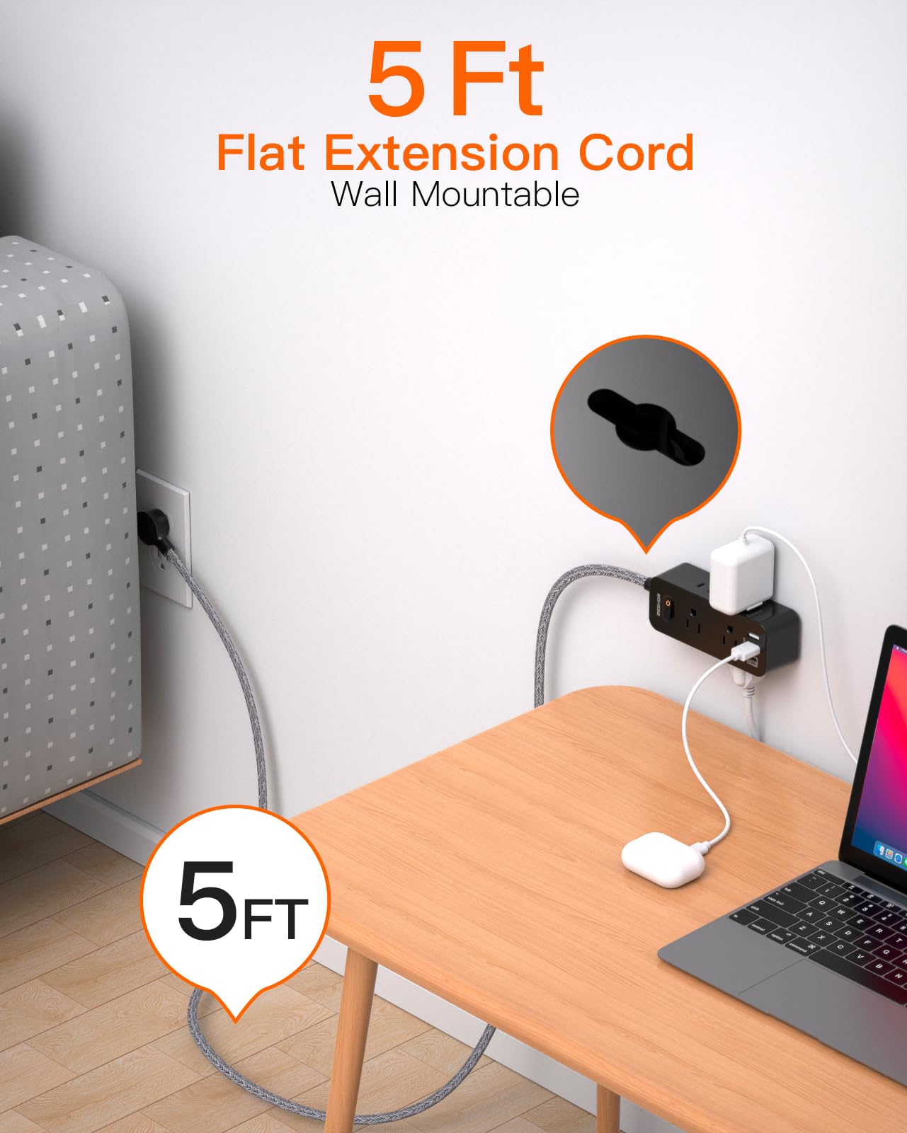 Power Strip Surge Protector, BESHON 5Ft Extension Cord, 6 Outlets with 4 USB Ports (2 USB C Outlet), 3-Side Outlet Extender, Wall Mount, Compact for Travel, Home, School, College Dorm Room and Office