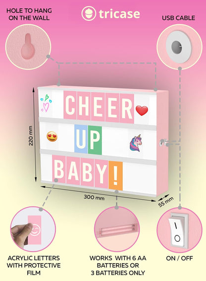 Pink Cinema Light Box with 312 Letters, Emojis & 3 Markers - Led Light Box Sign for Home & Pink Room Decor - Premium Light Up Letter Board - Best Gift Idea for Women & Girls on Christmas or Birthdays