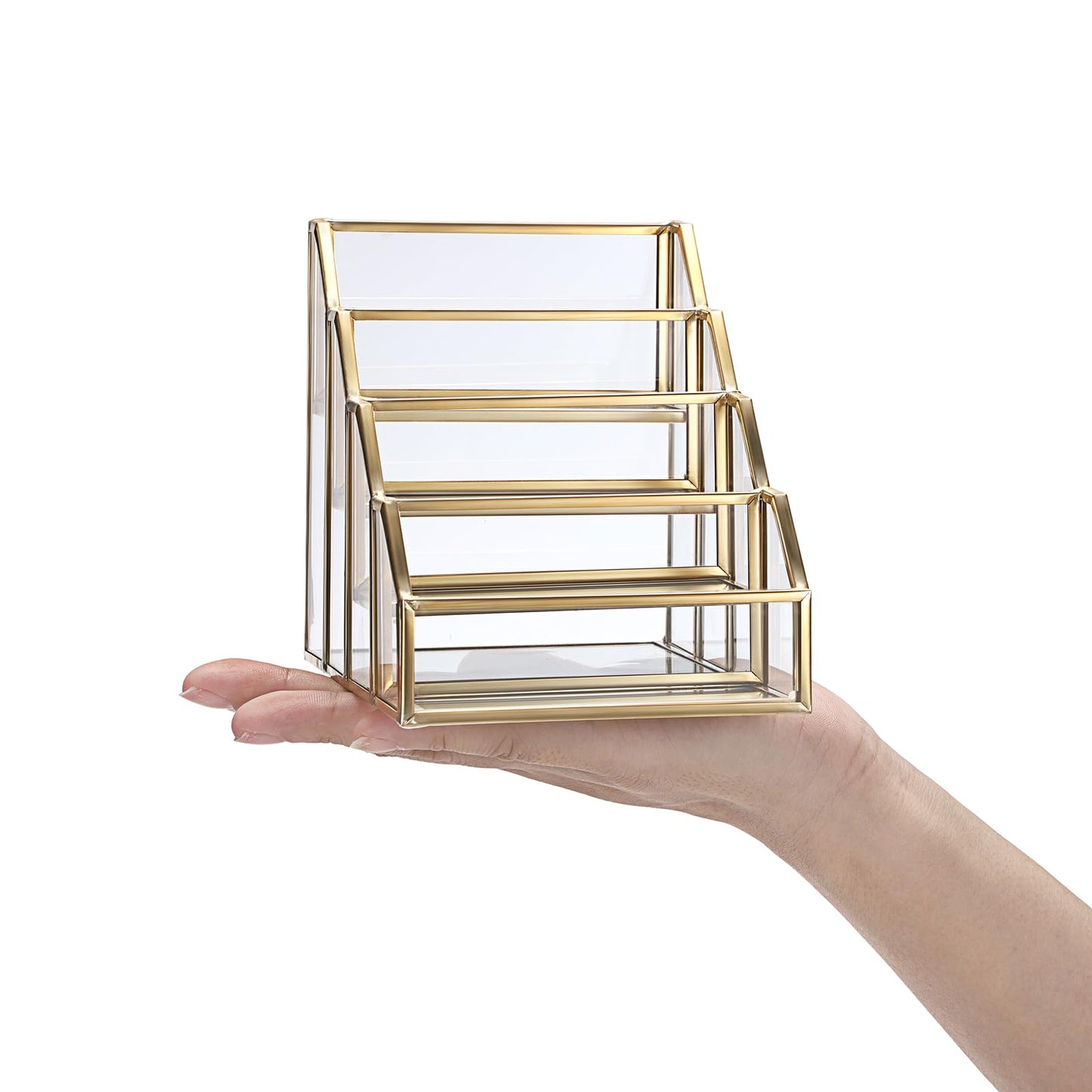 Hipiwe 4 Slots Glass Business Card Holder for Desktop, Gold Mirrored Business Card Display Stand, Multiple Clear Business Name Card Organizer Holder for Office Exhibition