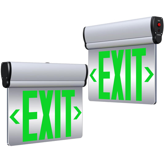 SASELUX Led Edge-Lit Exit Sign ,Brushed Aluminum Housing Double-Sided Mirrored Rotating Acrylic Panel,Hardwired Emergency Exit Signs with Battery Backup, 120V-347VAC,Green Led Emergency Exit Light for Business , UL Listed,Top/Side/Wall Mount(2 Pack)