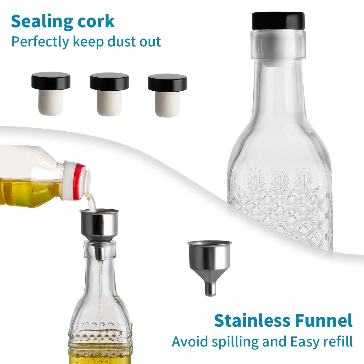 MDLUU Oil and Vinegar Dispenser Set, 17oz Clear Glass Olive Oil Bottles, Kitchen Vinegar Decanters with 3 Spouts, 3 Plugs, 1 Funnel, Pack of 3