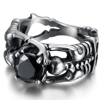 Retro Vintage Stainless Steel Skeleton Skull Gothic Wedding Halloween Statement Biker Ring (Silver Black, 4)