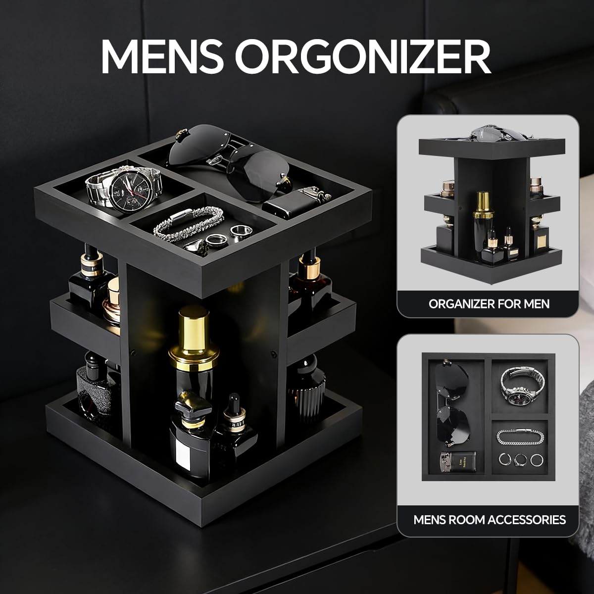 Men Cologne Organizer, 3 Tier Large Capacity Perfume Stand for Women, Wooden Rotating Perfume Rack, Desk and Nightstand Organizer Ideal for Husband's Birthday Creative Gift