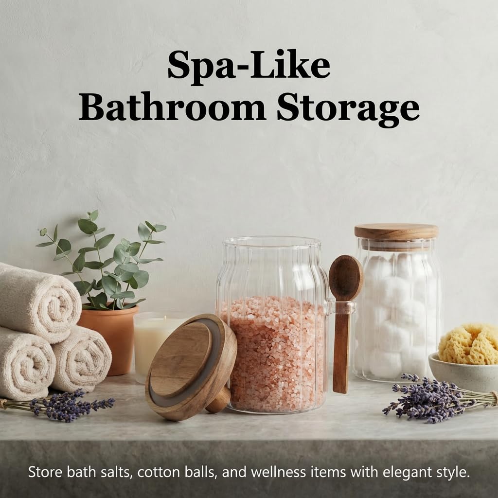 FUYIHGL® 3PCS Glass Storage Jars with Wooden Lids & Spoons – 20oz Airtight Canister Set with DIY Blank Labels – Decorative Small Containers for Coffee Bar, Bath Salts, Sugar, Spice & Overnight Oats