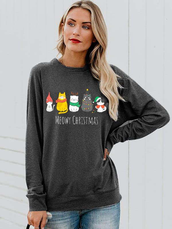 Christmas Sweatshirts for Women Cute Cat Shirts Ugly Christmas Shirt Funny Xmas Long Sleeve Holiday Pullover Tops