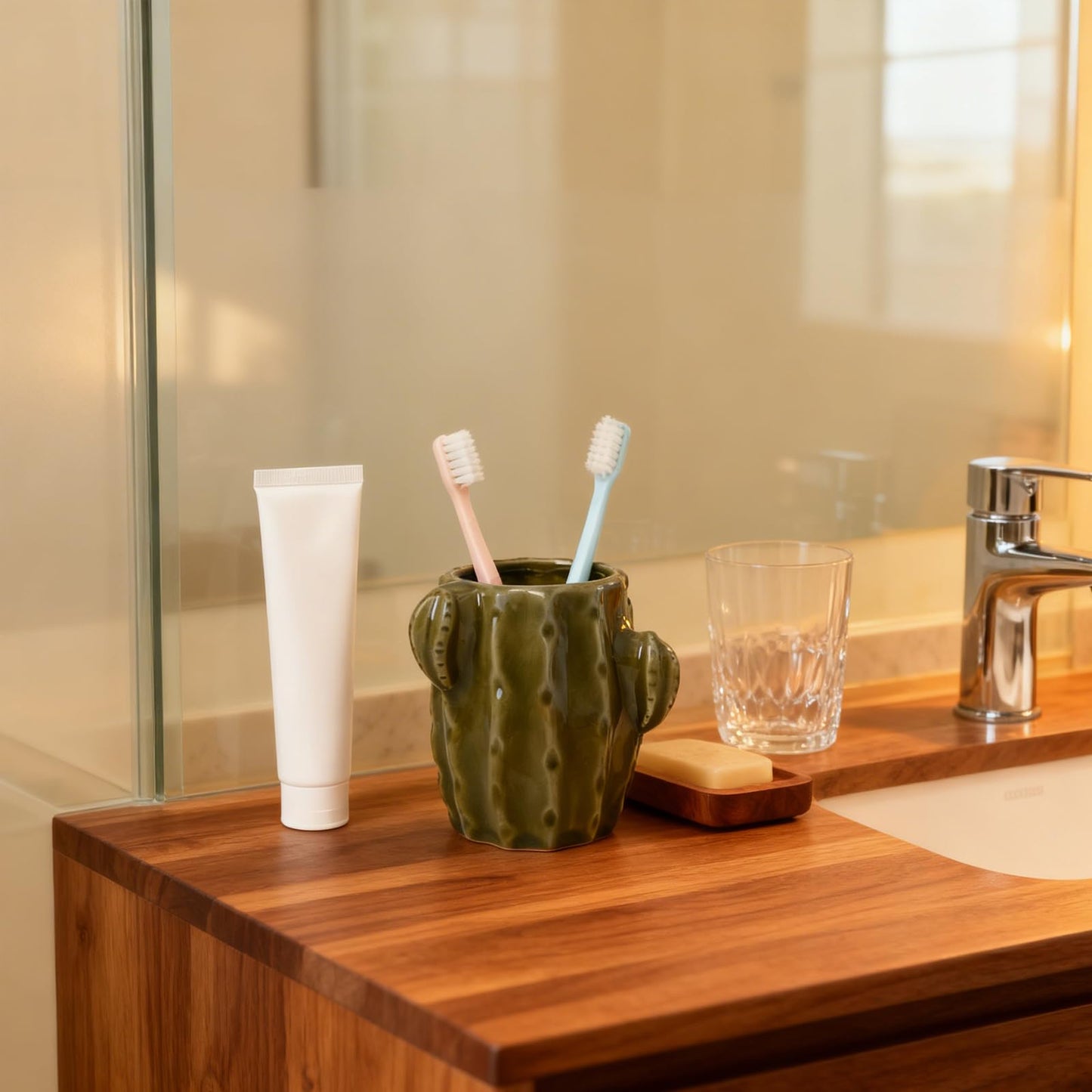 Cactus Toothbrush Holder for Bathrooms，Ceramic Toothpaste Holder Cute Toothbrush Holder Set,for Bathroom Counter and Desk Office Fun Decor Desk Organizer, Makeup Brush Holder - Dark Green