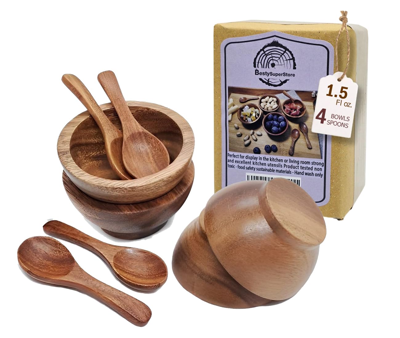 BestySuperStore Set of 4 Small Round Acacia Wooden Bowls 2⅞ Inch Diameter With Spoons - Stackable Mixing Bowl for Salad Soup Snack Salsa Dip Sauce Charcuterie Wood Tableware Sets for Decor and Serving