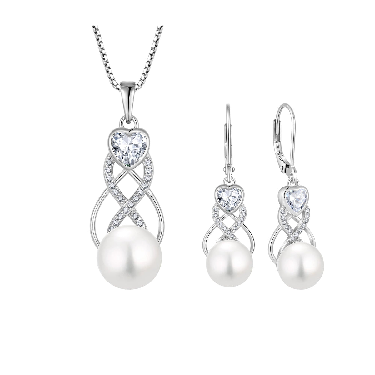 Pearl Earrings Necklace Jewelry Set for Women 925 Sterling Silver Heart Simulated Diamond Freshwater Pearl Jewelry Gift for Her