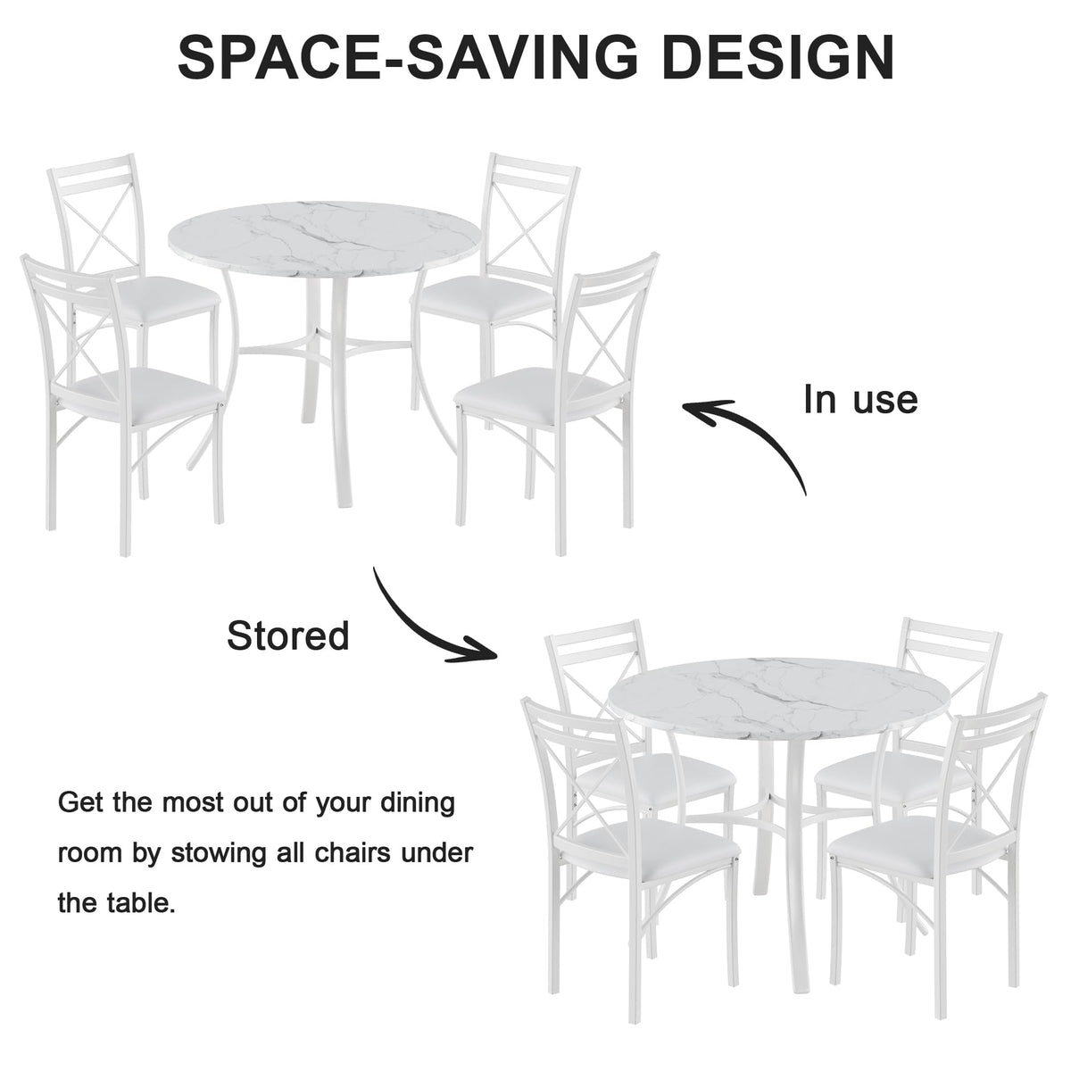 VECELO 5 Piece Dining Table Set for 4 with Chairs, Faux Marble Tabletop, Small Space, Kitchen, Breakfast Nook, White