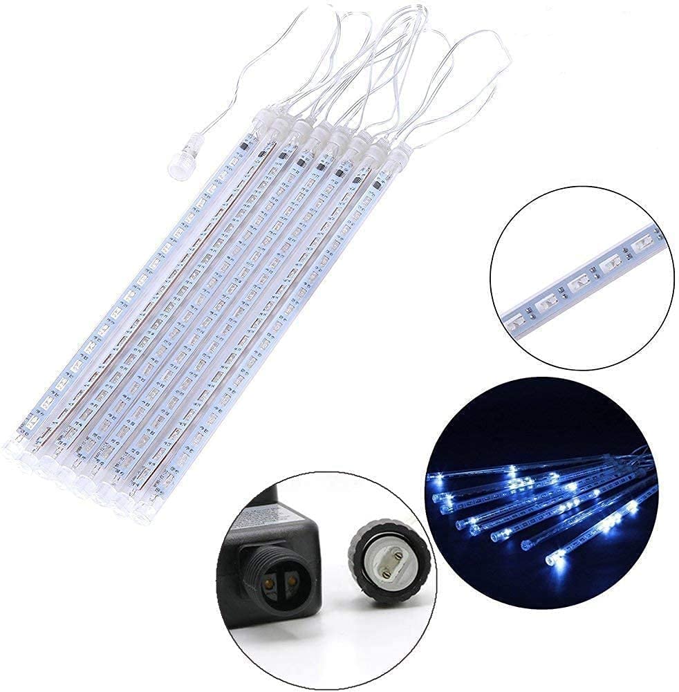 Kordain Outdoor Christmas Lights, Falling Rain Meteor Shower 12 inch 8 Tubes 144 LED Snow Icicle Cascading Fairy String Lights for Holiday Wedding Party Garden Tree Decor, UL Plug, Blue