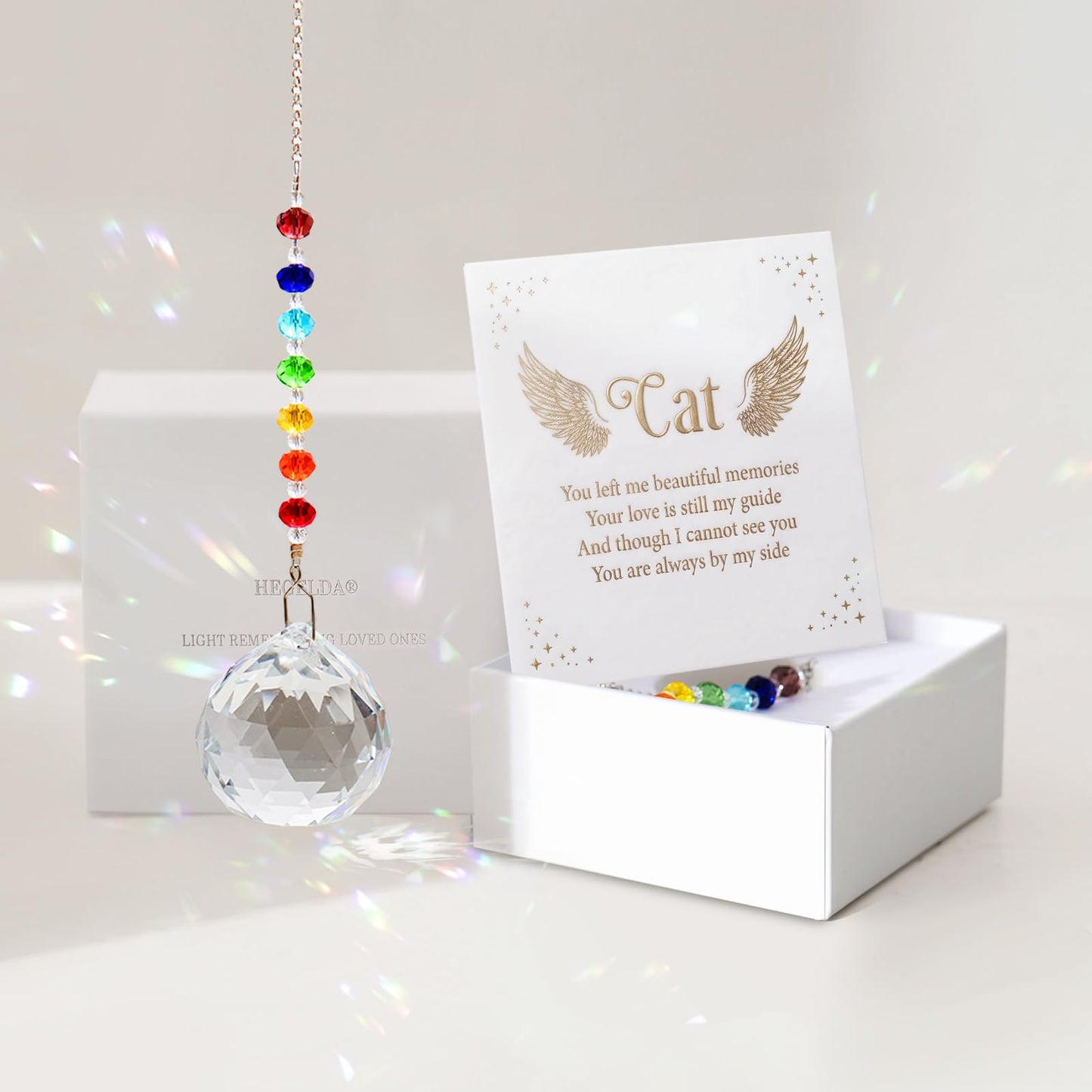HEGELDA Cat Memorial Gifts for Loss of Cat, Crystal Sun Catcher with Sympathy Poem Card, Refractive Prism Hanging Ornament, Pet Bereavement Keepsake, Premium Gift Box Included