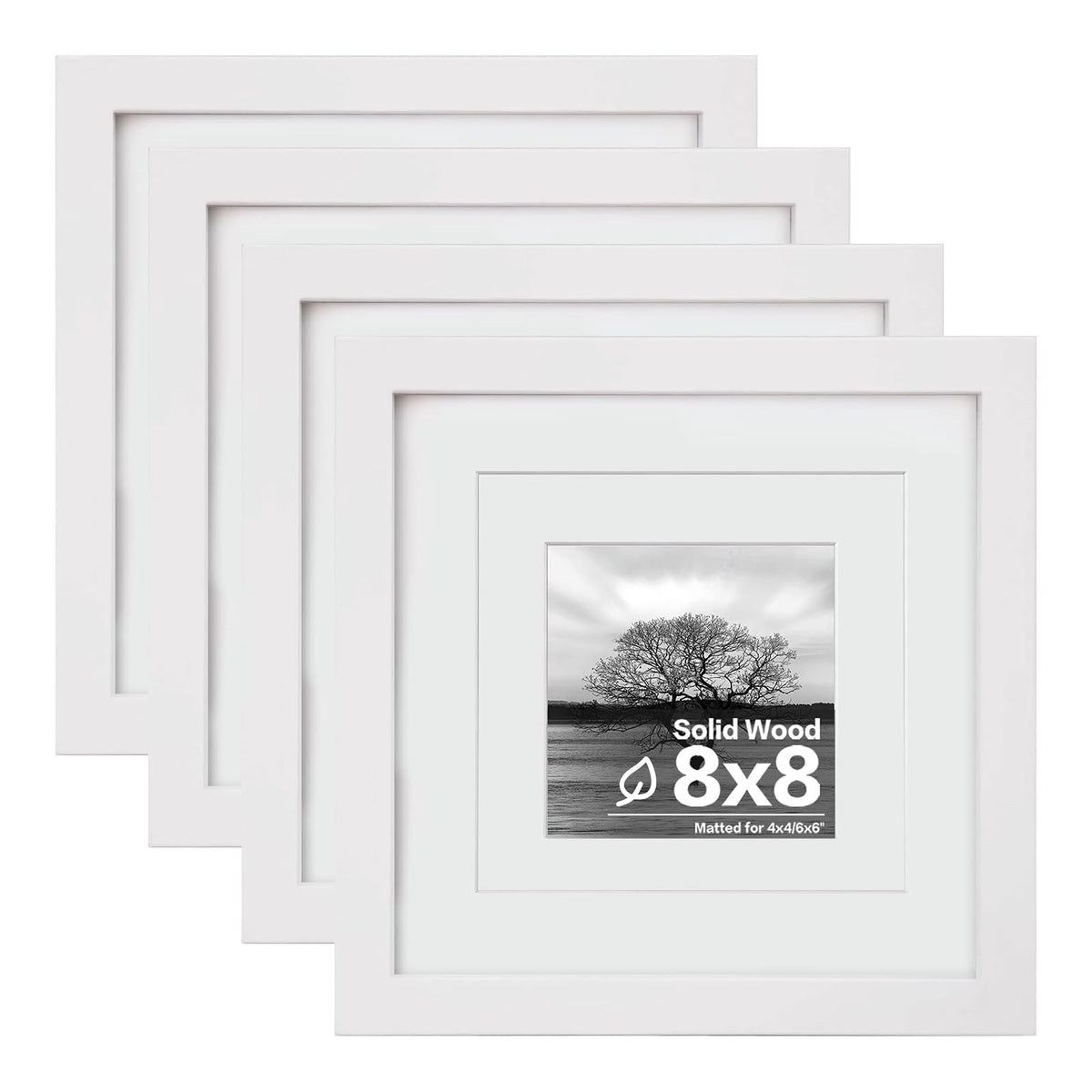 Egofine 8x8 Picture Frames 4 PCS,Solid Wood frame Fits 4x4/6x6 with Mat or 8x8 Without Photo Frame Covered by Plexiglass,for Wall Hanging and Tabletop,Wooden Square Picture Frame,White