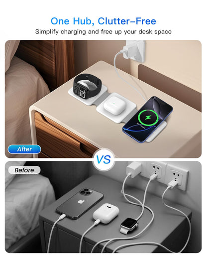 Charging Station for Apple Multiple Devices - 3 in 1 Foldable Magnetic Wireless Charger Dock - Travel Charging Pad for iPhone 17 16 15 14 13 12 Pro Max Plus Watch & Airpods