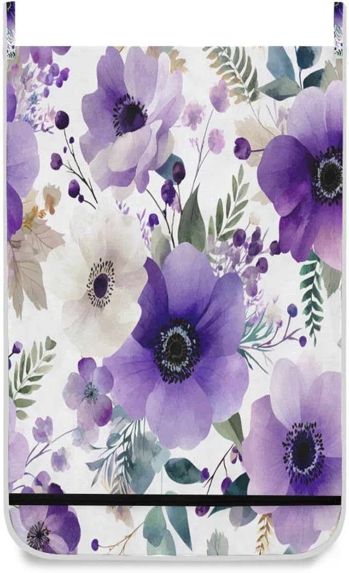 Purple and White Silver Lotus Flowers and Berries Hanging Laundry Hamper Door