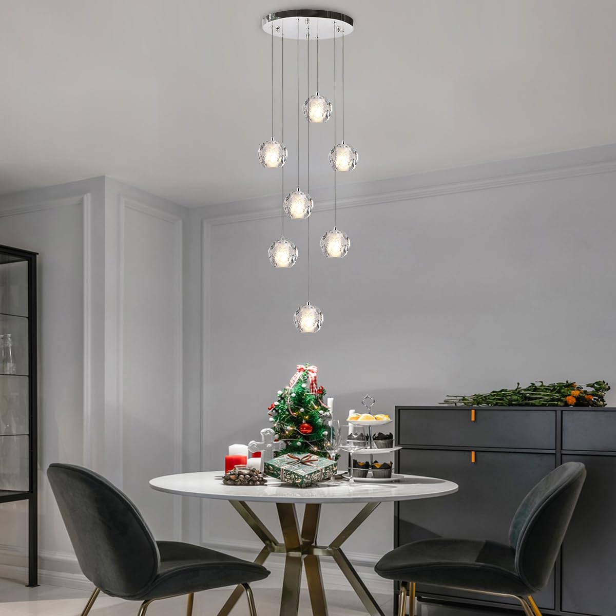 Yaskina Cluster Pendant Light, Modern 7 Lights Chrome Crystal Chandelier, Bubble Raindrop Pendant Lighting 59" Long Light Fixture for Foyer Entryway Staircase