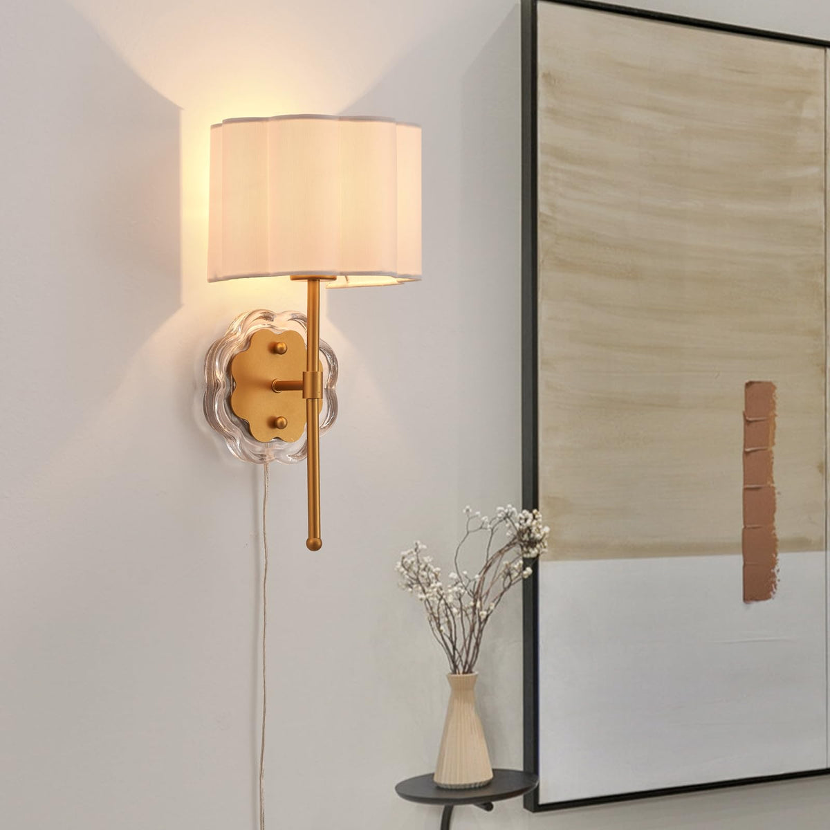 MhyTogn Modern Plug-in Wall Sconce Set of 2, with Creamy-White Fabric Flower and Antique Brass Brush Paint Finish Shade for Vanity Stairway Fireplace Kitchen Living Room Bedside