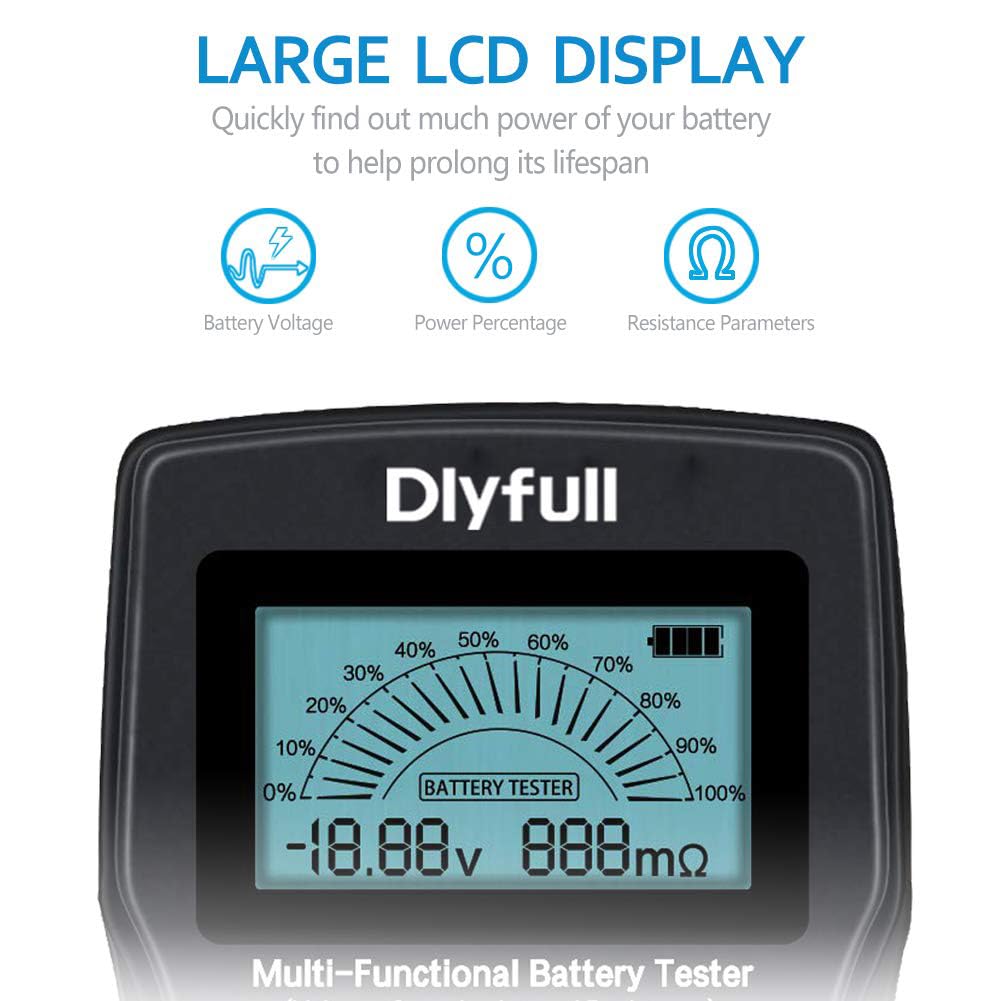Dlyfull Universal Battery Tester with LCD Display, Small Digital Battery Voltage Resistance Checker for Ni-MH, Ni-CD, Li-ion, Alk & LiFe04 Batteries(AA AAA C D 9V 12V 18650 CR123A 2CR5 CR2032 Cells)