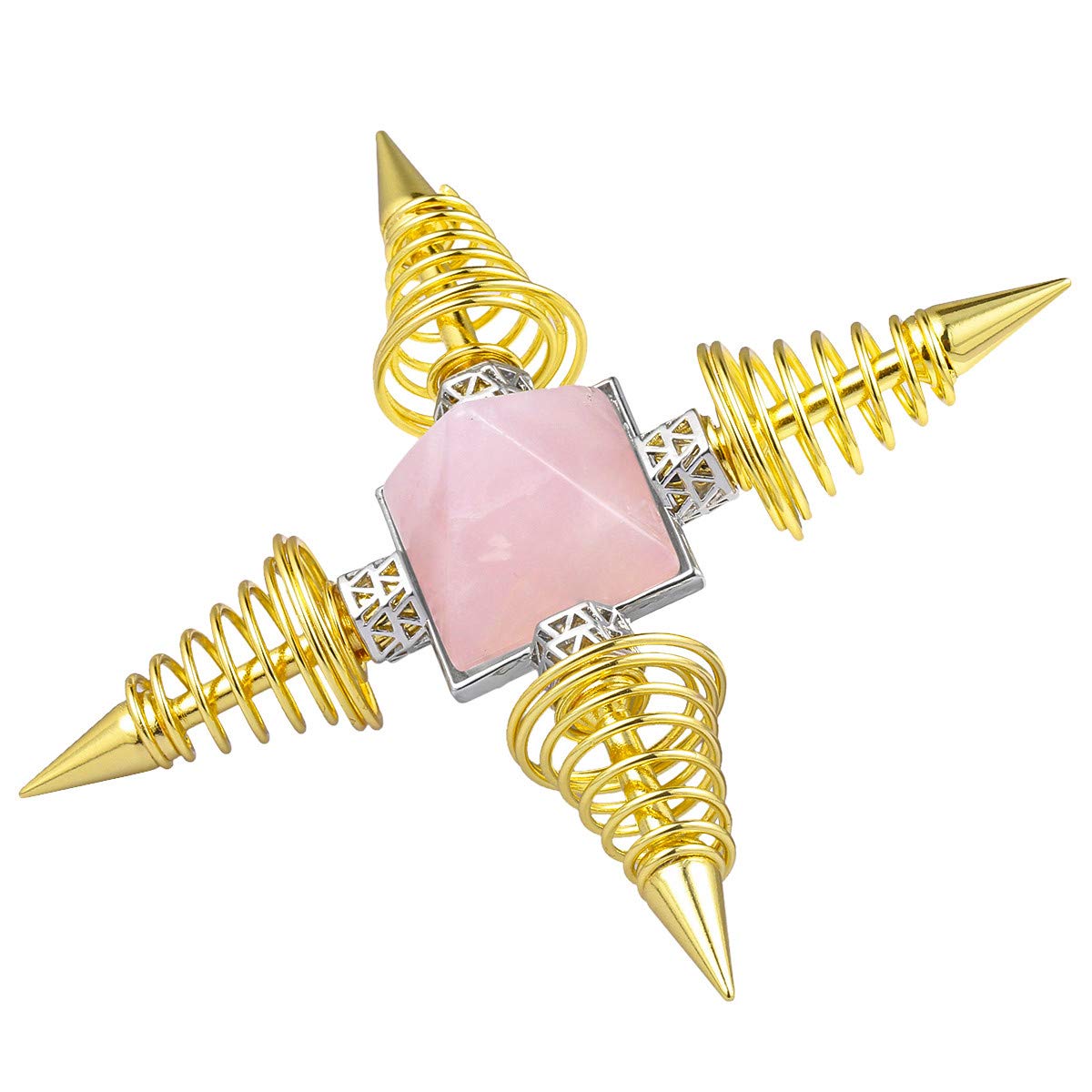 mookaitedecor Rose Quartz Pyramid Healing Crystal Stone Energy Generator with 4 Spiral Copper Points for Reiki Balancing Meditation, Gold Plated