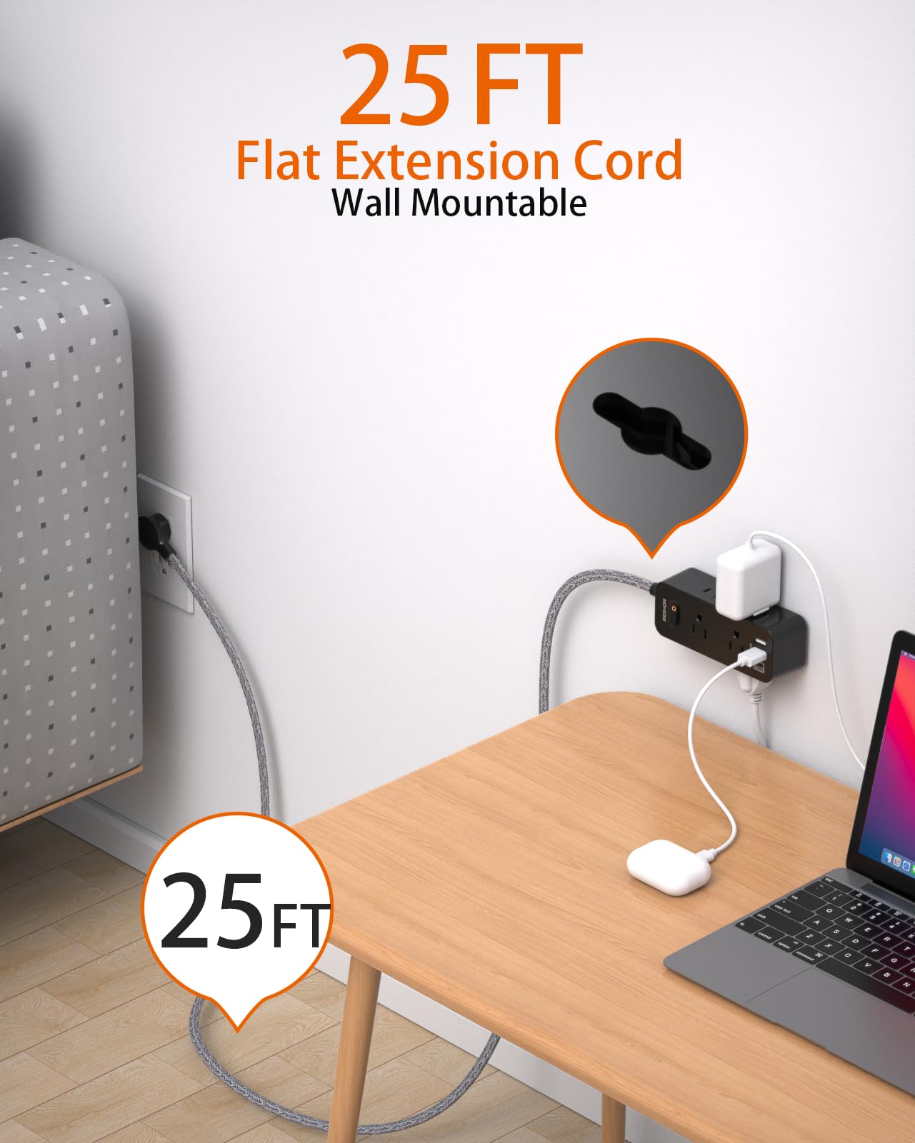 Power Strip Surge Protector, BESHON 5Ft Extension Cord, 6 Outlets with 4 USB Ports (2 USB C Outlet), 3-Side Outlet Extender, Wall Mount, Compact for Travel, Home, School, College Dorm Room and Office