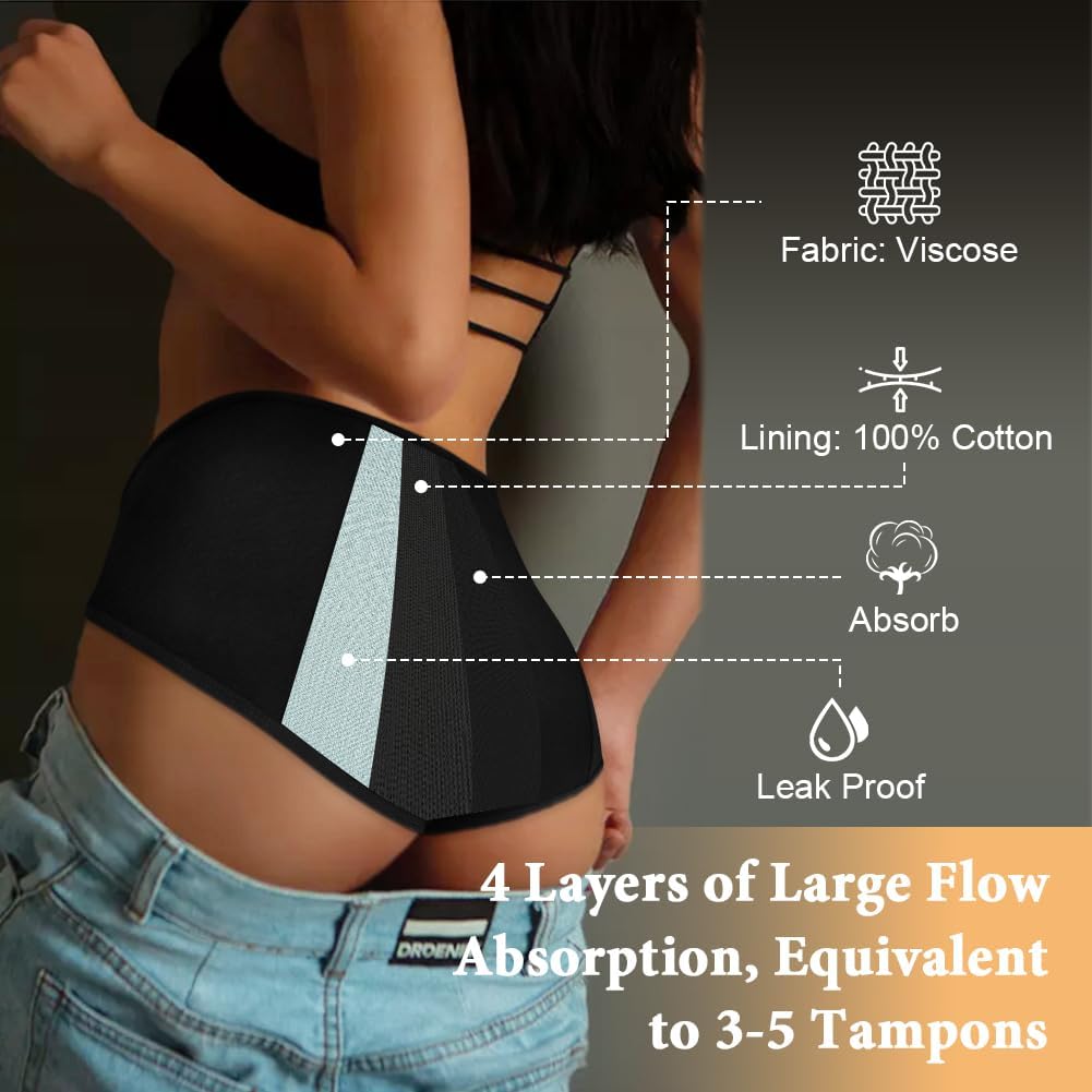 flintronic Period Panties, 4PCS Absorbent Leak Proof Panty Pants, Heavy Flow 30ML Menstrual Knickers, Cotton Menstrual Briefs for Women, Absorbent and Reusable (M)