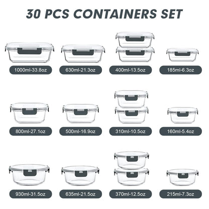 VERONES 30 Pieces Glass Meal Prep Containers Set, Stackable Glass Food Storage Containers with Lids-Airtight Lunch Containers，for Microwave, Oven, Freezer & Dishwasher,Grey