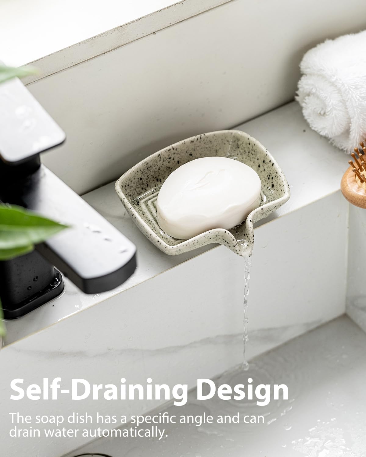 Self Draining Soap Dish, Ceramic Drain Soap Holder Waterfall Design Soap Saver for Shower, Bathroom, Sink, Kitchen and Countertop, Keeps Dry, Speckled Glaze