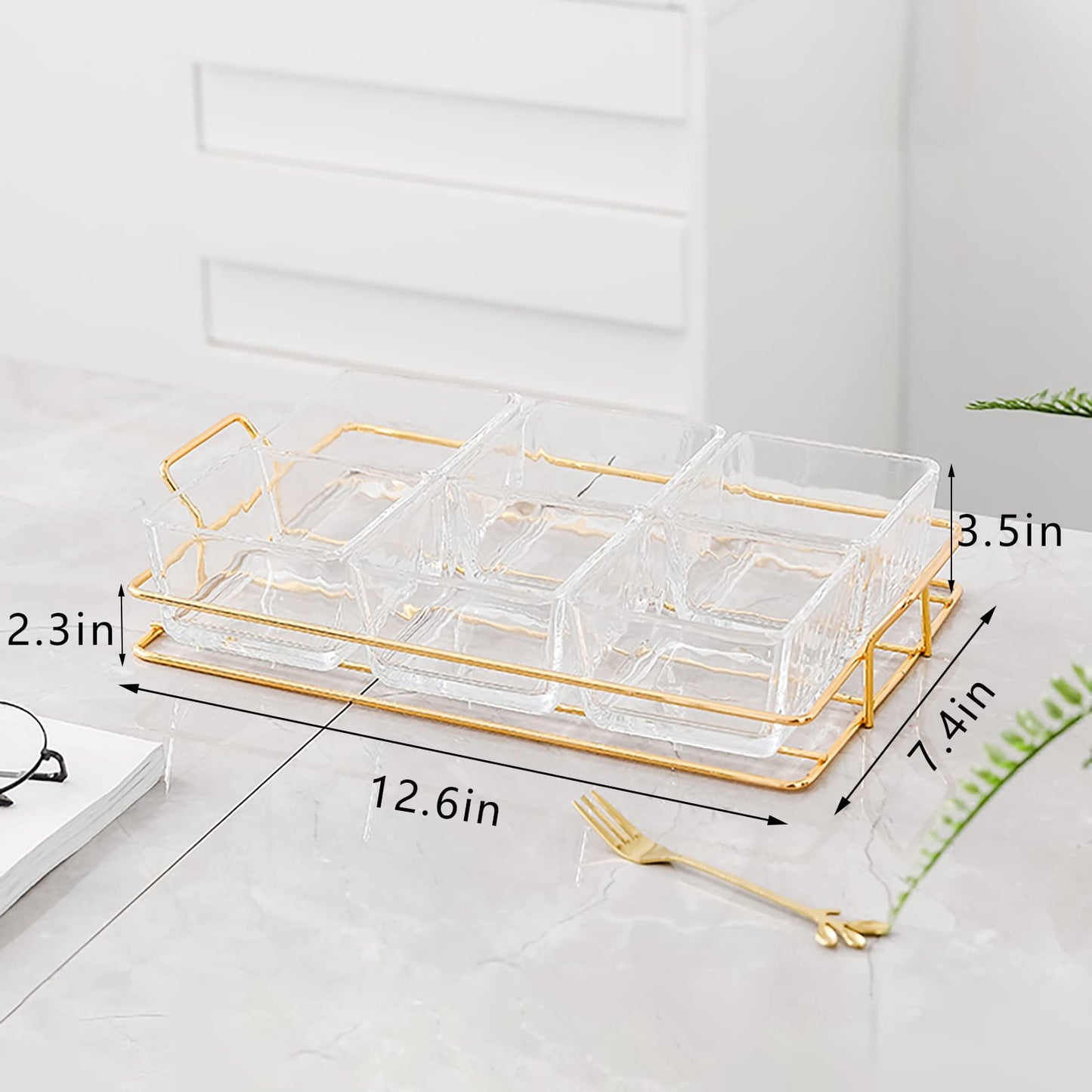 6 Clear Glass Serving Bowls Set with Gold Metal Rack Tray, Removable Condiment Dishes Serving Bowls Buffet Server Food Display Relish Tray for Fruit Dessert Appetizer Nuts Snacks Candy Chip Dip Bowl