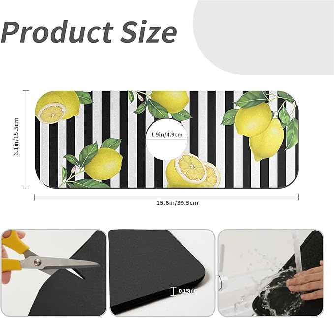 Kitchen Sink Splash Guard，Lemon-and stripes Faucet Mat Sink Gadgets-Super
